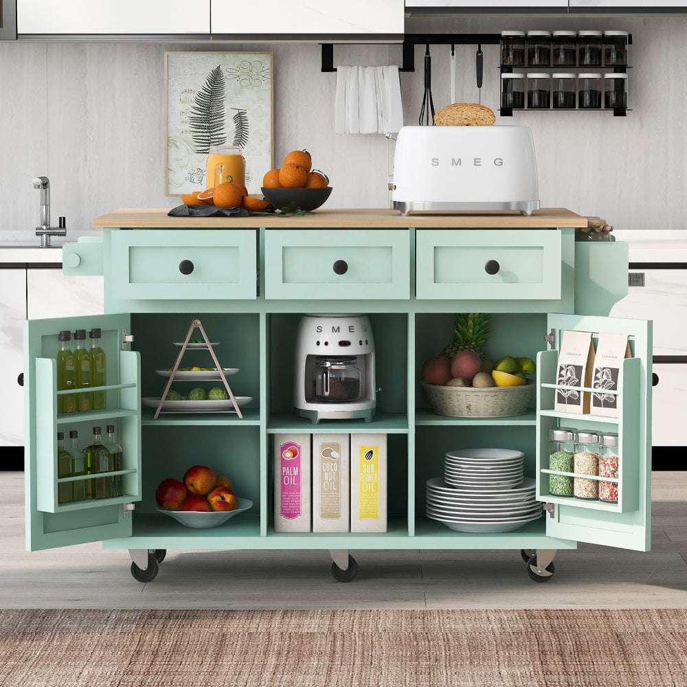 Kitchen Cart with Rubber wood Drop-Leaf Countertop ,Cabinet door internal storage racks,Kitchen Island on 5 Wheels with Storage Cabinet and 3 Drawers for Dinning Room, Grey Blue