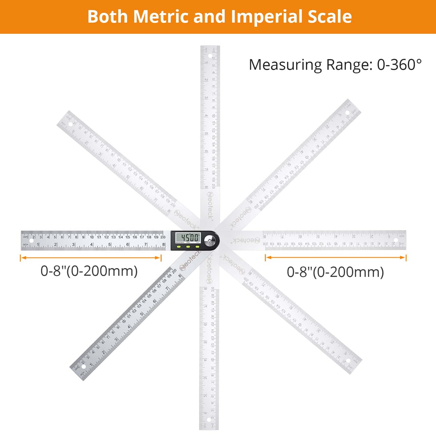Digital Angle Finder Ruler 8 inch/200mm Stainless Steel Digital Protractor with Data Hold Function and Zeroing Resetting LCD Display Electronic Spirit Level Gauge Ruler