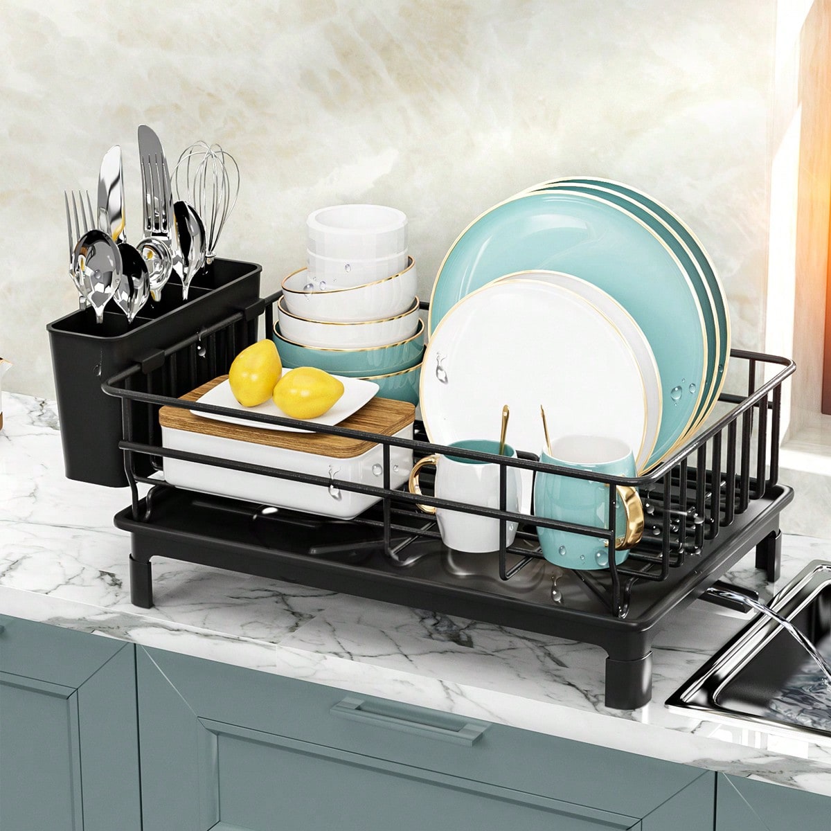 1pc Dish Drying Rack With Utensil Holder And Drainboard , Space Saving Dish Rack, Dish Racks For Kitchen Counter, Kitchen Drainer With A Cutlery Holder