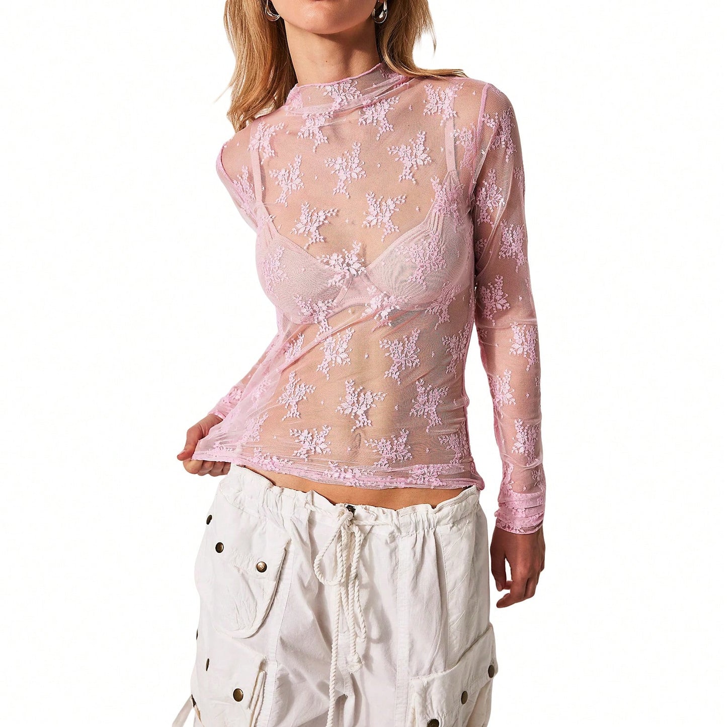 Women Long Sleeve T-Shirts Mesh See-Through Mock Neck Lace Shirts Spring Fall Slim Fit Tops Streetwear