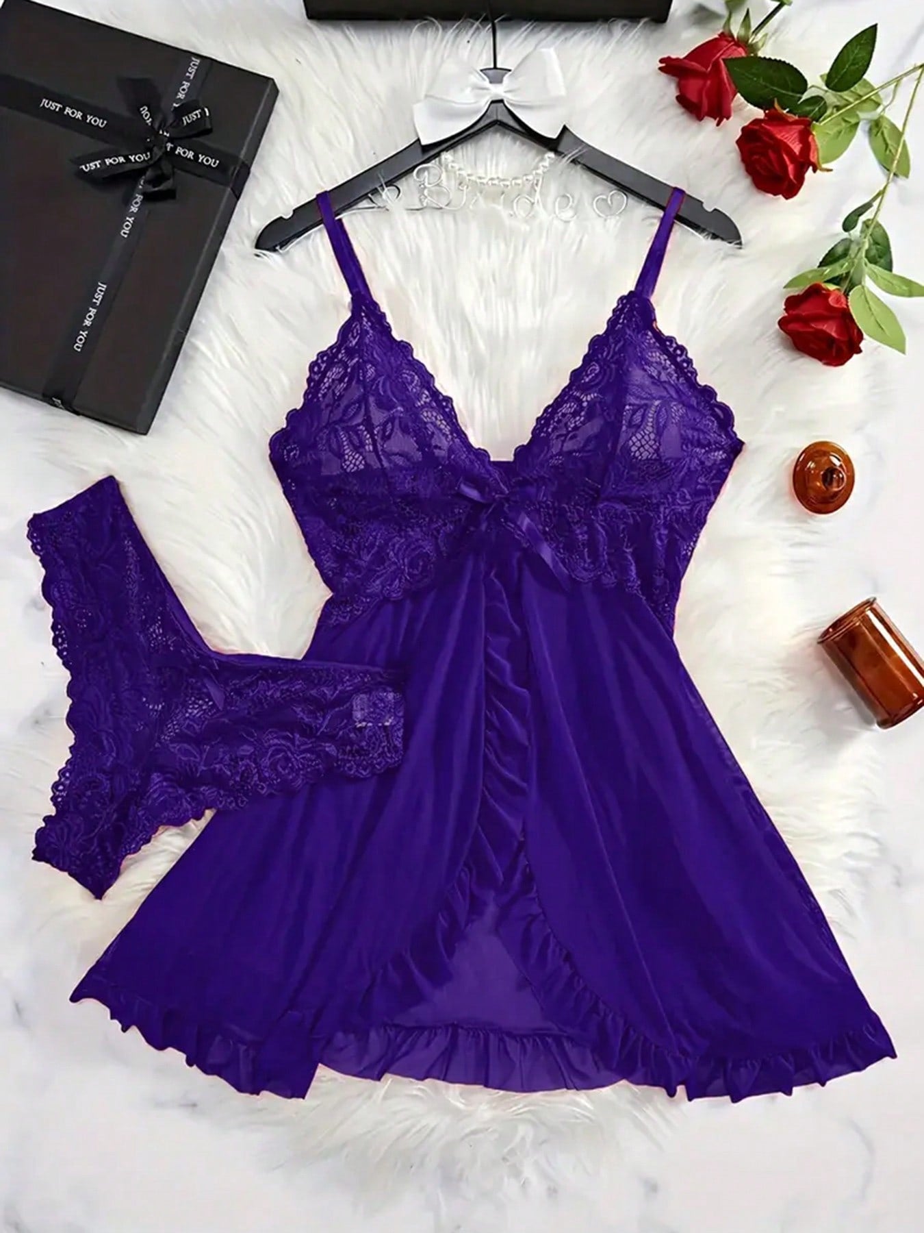 2 Piece Lace Lingerie For Women Sexy Open Front Ruffle Sheer Mesh V Neck Nightwear Sexy Chemise Nightie Mesh Sleepwear Floral Hem Sleepshirt Lace Babydoll Lingerie Dress With Thong