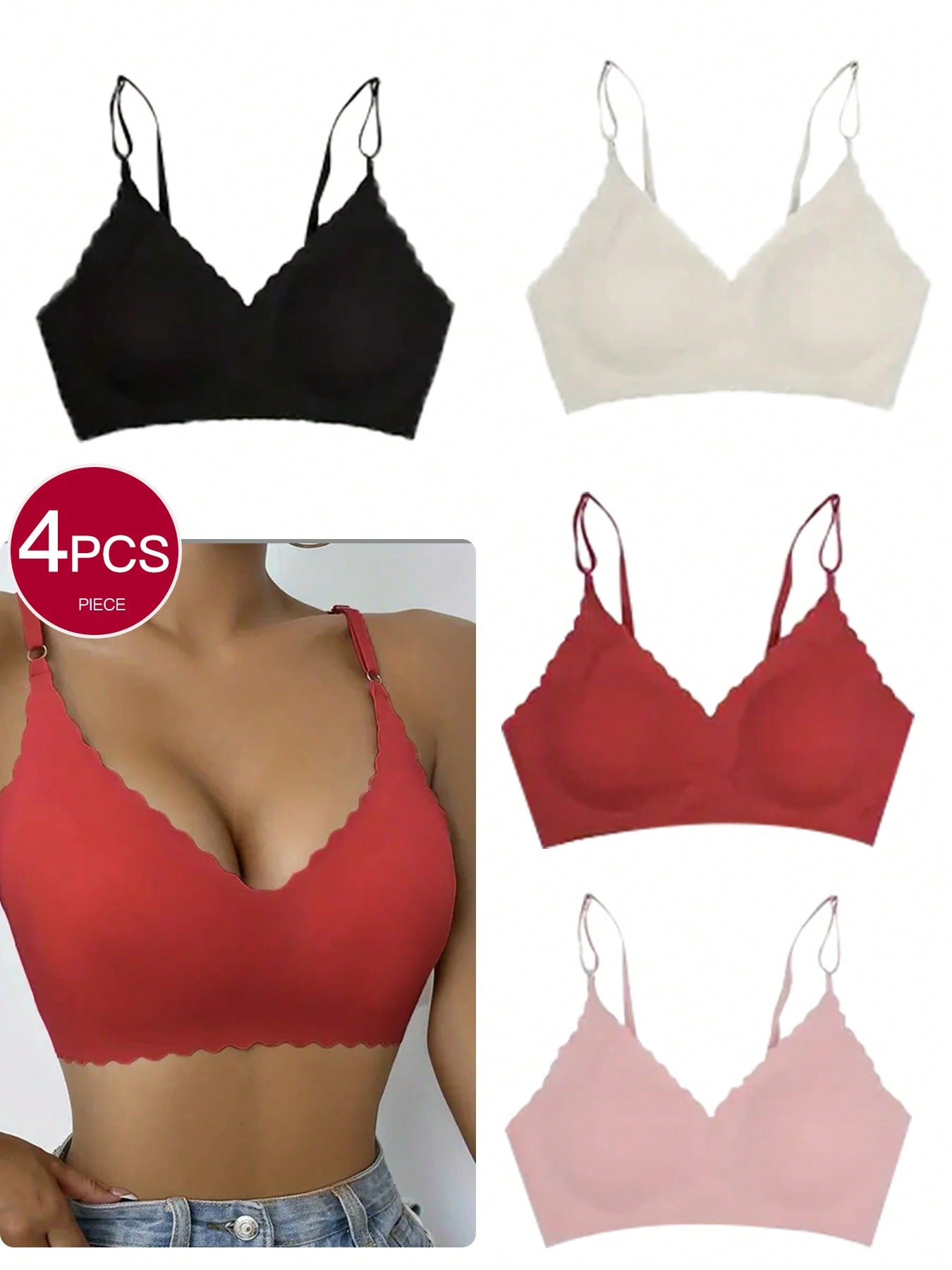 4-Piece Seamless Women's Bra - Comfortable Steel Ring Free Removable Pad, Solid Color, Elastic Nylon And Spandex Blended