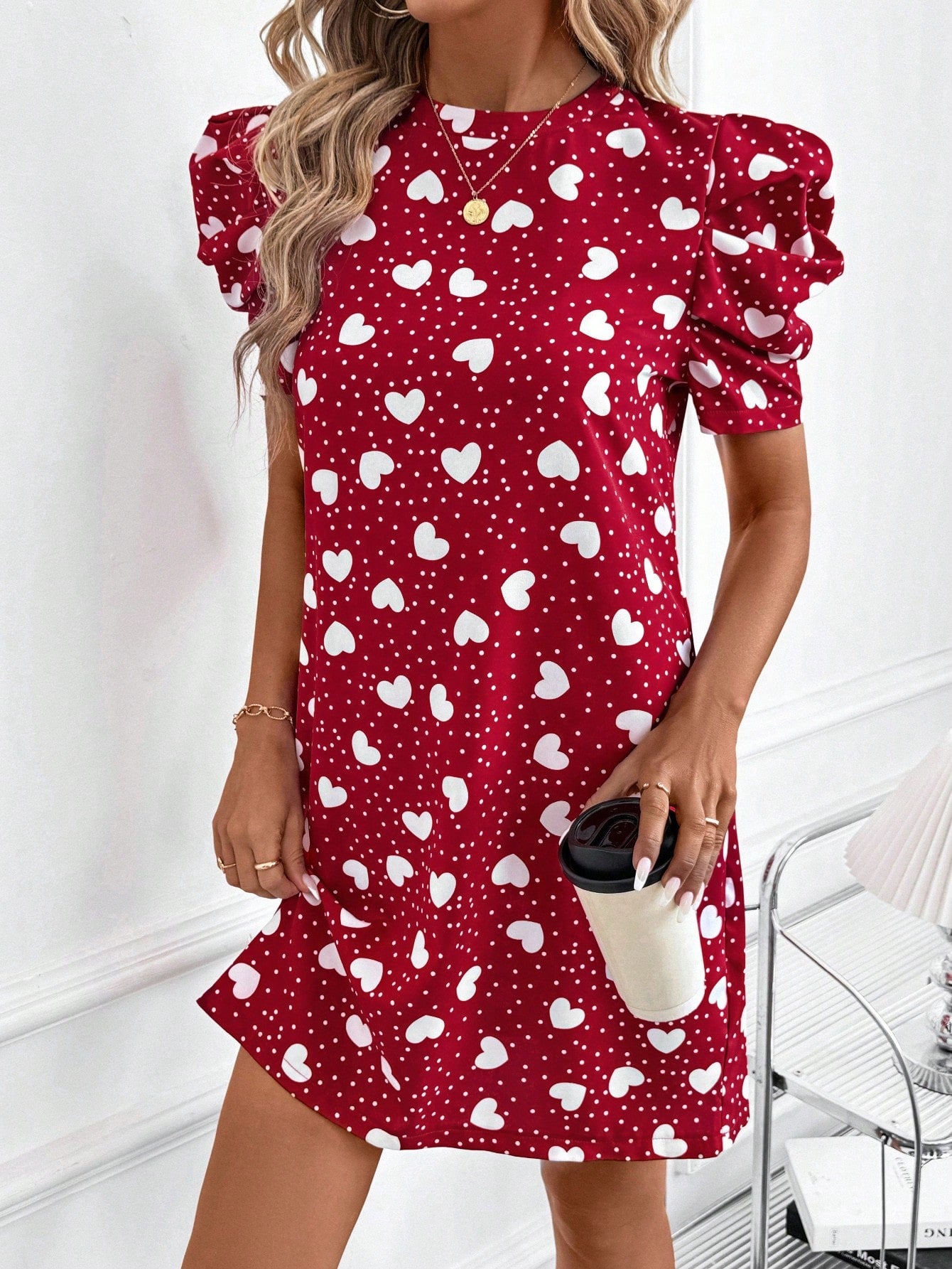 SHEIN Clasi Solid Puff Sleeve Tunic Dress