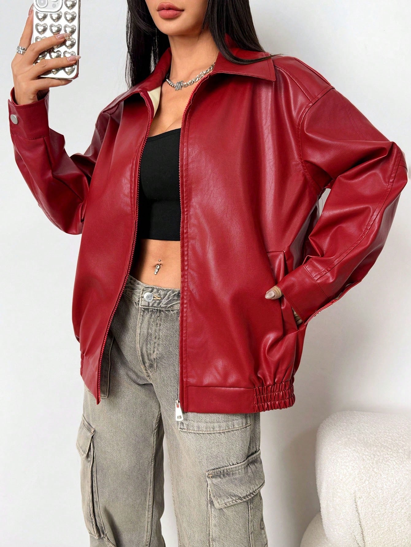 Women's Fall Essentials Casual Leather With Pockets Comfy Black Baggy Lapel Collar Long Sleeve Jacket