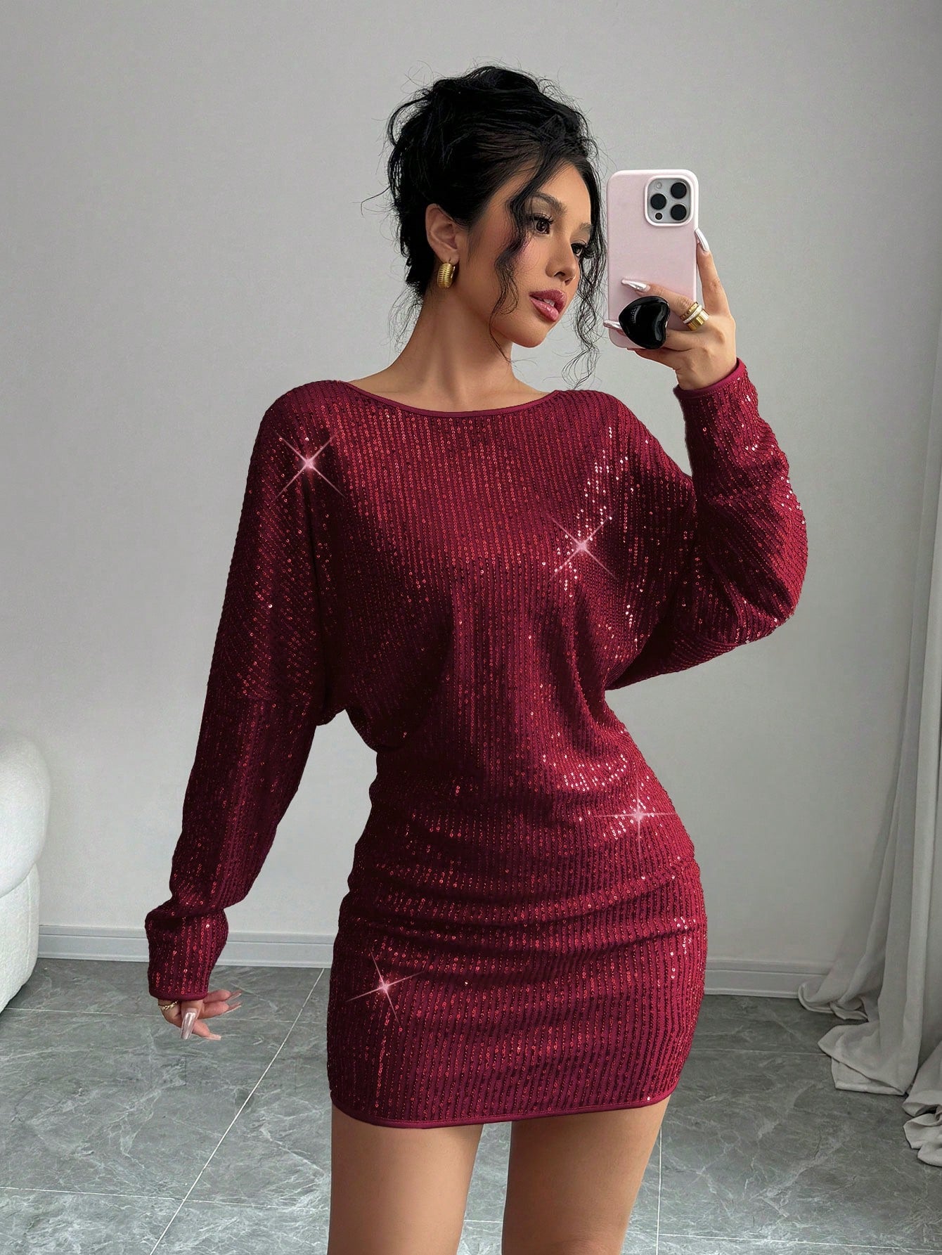 Elegant Sequin Batwing Sleeve Asymmetrical Neck Party Dress, Suitable For Christmas, New Year Celebration