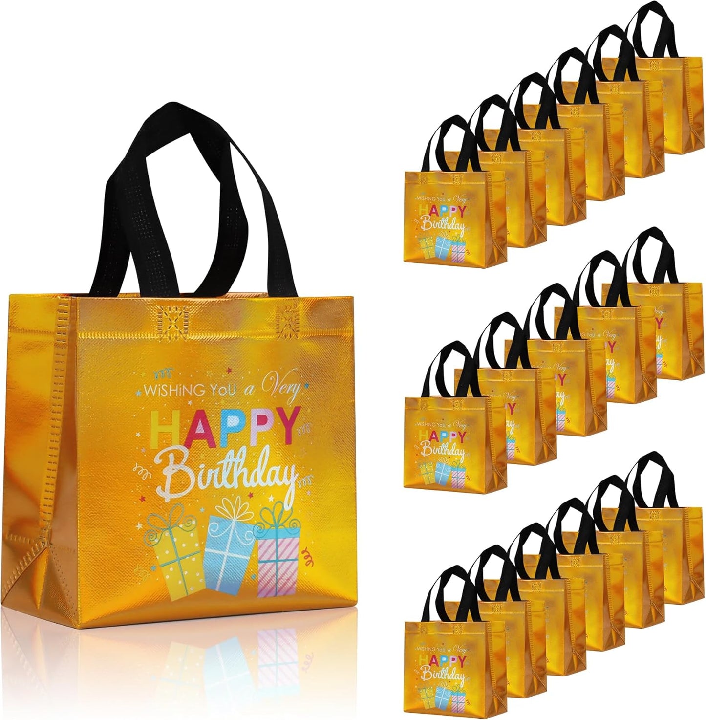 cabzymx 18 Pcs Sunset Gold Small Happy Birthday Gift Bags Bulk- with Funny Gift Design, Glossy Reusable Goodie Bags for Baby, Girls, Boys, Birthday Party- 8 x 3.9 x 8 In