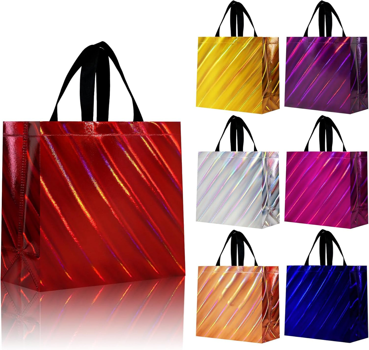 cabzymx Iridescent Glossy Gift Bags 15 pcs, 12.6x4.7x11 In Non-woven Reusable Goodie Bags Bulk, with Black Handles & Sturdy Base, Christmas Gift Bags for Birthday, Wedding, Easter, Holiday Party