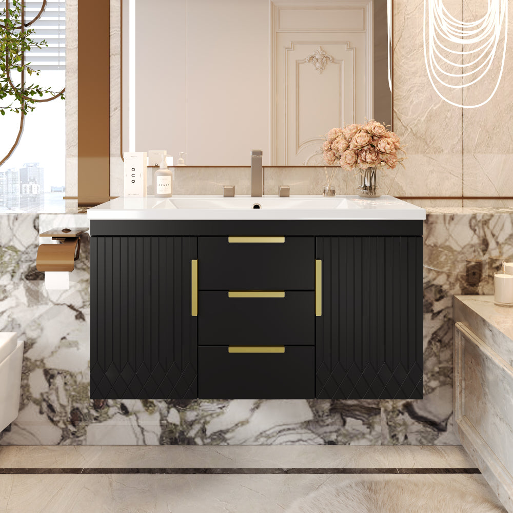 36'' Wall Mounted Bathroom Vanity with Resin Sink, Floating Bathroom Storage Cabinet with 2 Drawers, Solid Wood Bathroom Cabinet