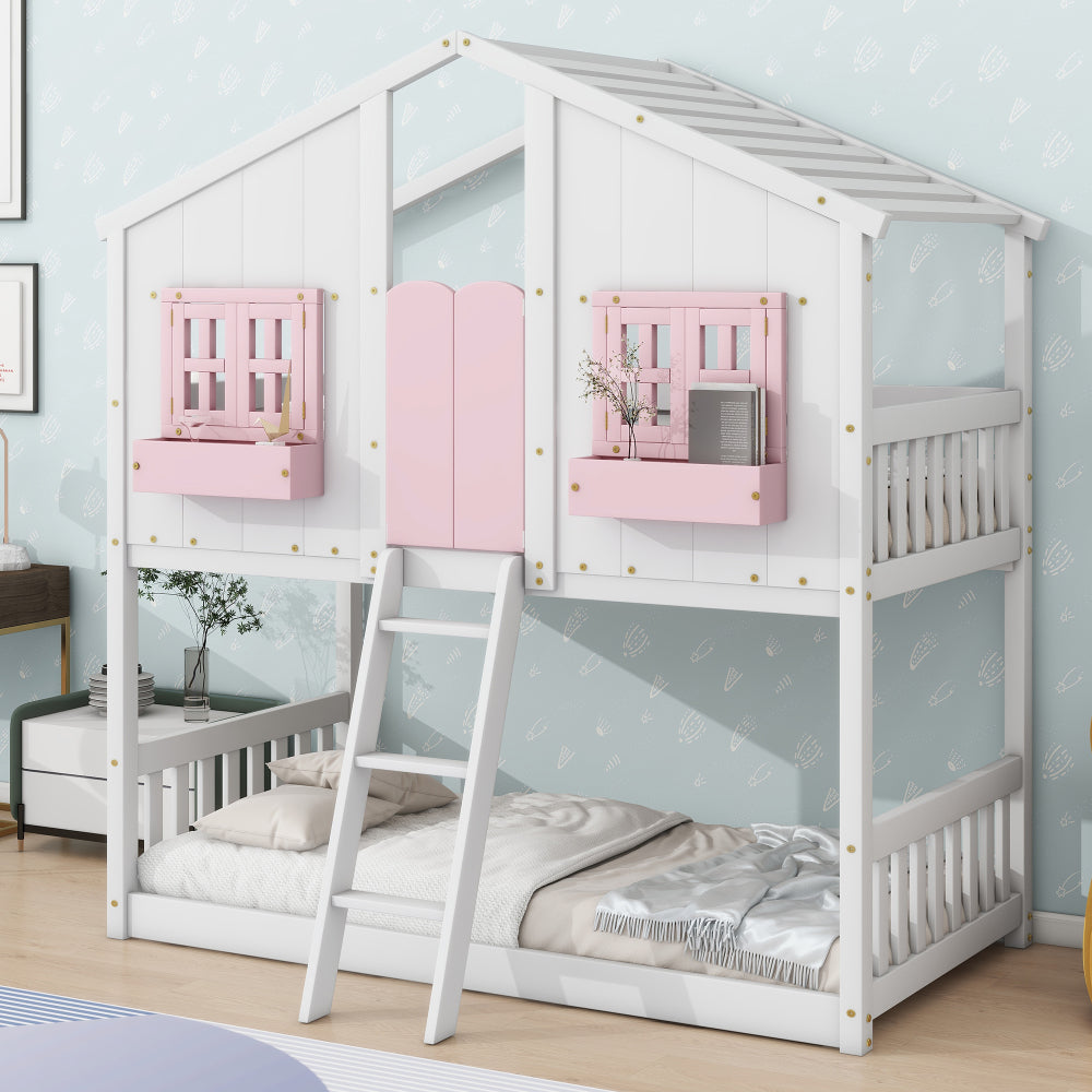 Twin over Twin House Bunk Bed with Roof , Window, Window  Box, Door , with Safety Guardrails and Ladder,White