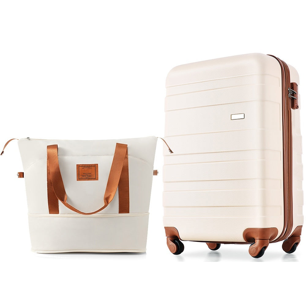 Luggage Sets New Model ABS Hardshell 3pcs Clearance Luggage Hardside Lightweight Durable Suitcase sets Spinner Wheels Suitcase with TSA Lock 20''24''28''(ivory and brown)