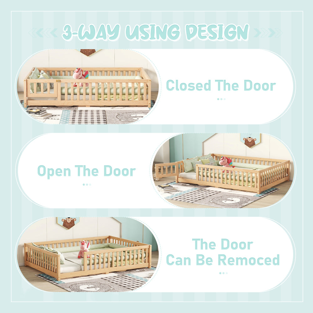Full Size Bed Floor Bed with Safety Guardrails and Door for Kids, Natural