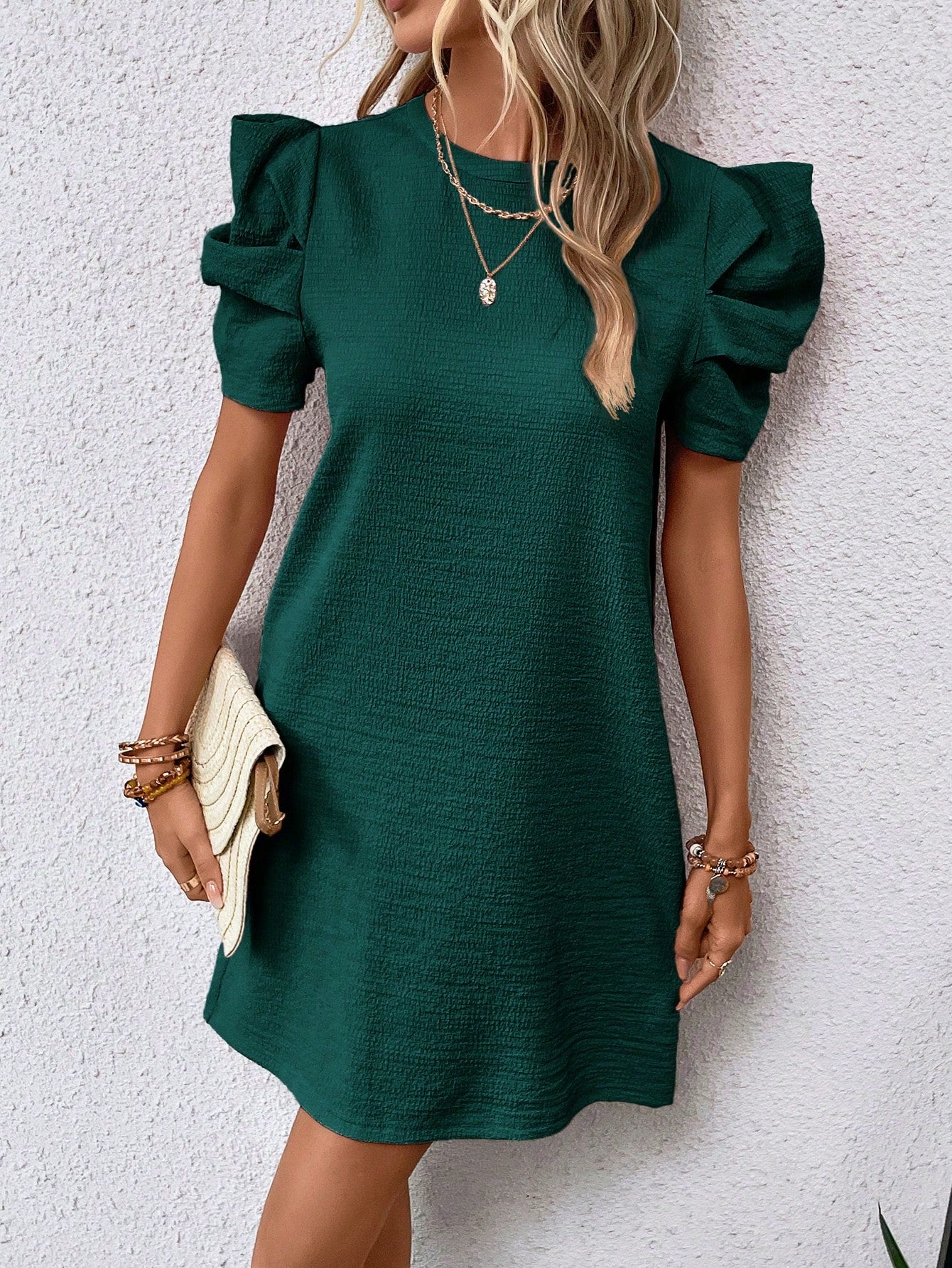 SHEIN Clasi Solid Puff Sleeve Tunic Dress