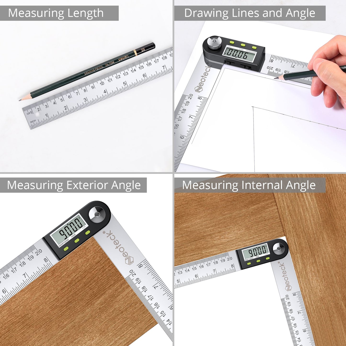 Digital Angle Finder Ruler 8 inch/200mm Stainless Steel Digital Protractor with Data Hold Function and Zeroing Resetting LCD Display Electronic Spirit Level Gauge Ruler
