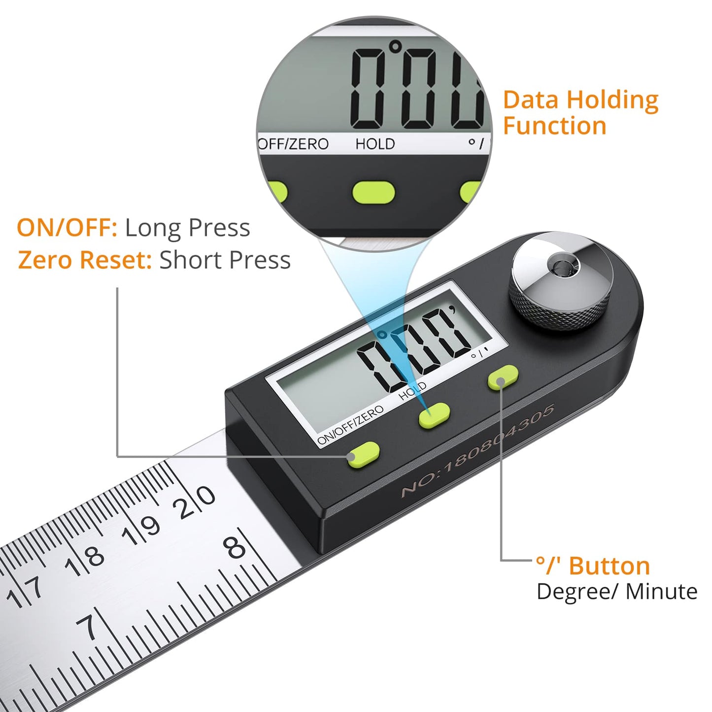 Digital Angle Finder Ruler 8 inch/200mm Stainless Steel Digital Protractor with Data Hold Function and Zeroing Resetting LCD Display Electronic Spirit Level Gauge Ruler