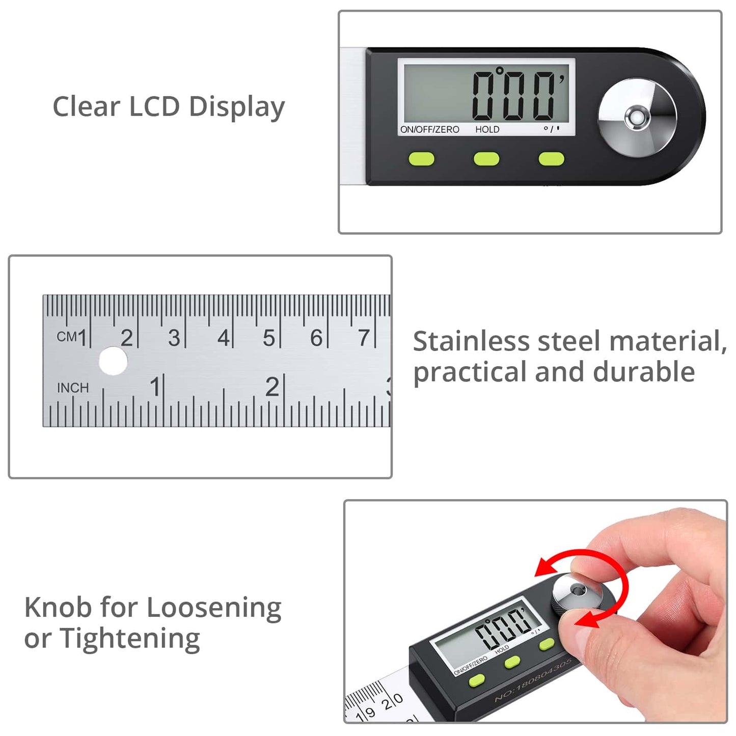 Digital Angle Finder Ruler 8 inch/200mm Stainless Steel Digital Protractor with Data Hold Function and Zeroing Resetting LCD Display Electronic Spirit Level Gauge Ruler