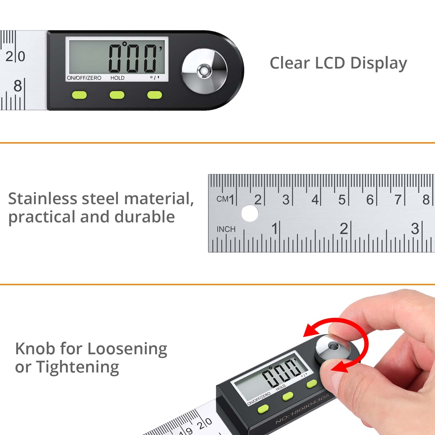 Digital Angle Finder Ruler 8 inch/200mm Stainless Steel Digital Protractor with Data Hold Function and Zeroing Resetting LCD Display Electronic Spirit Level Gauge Ruler