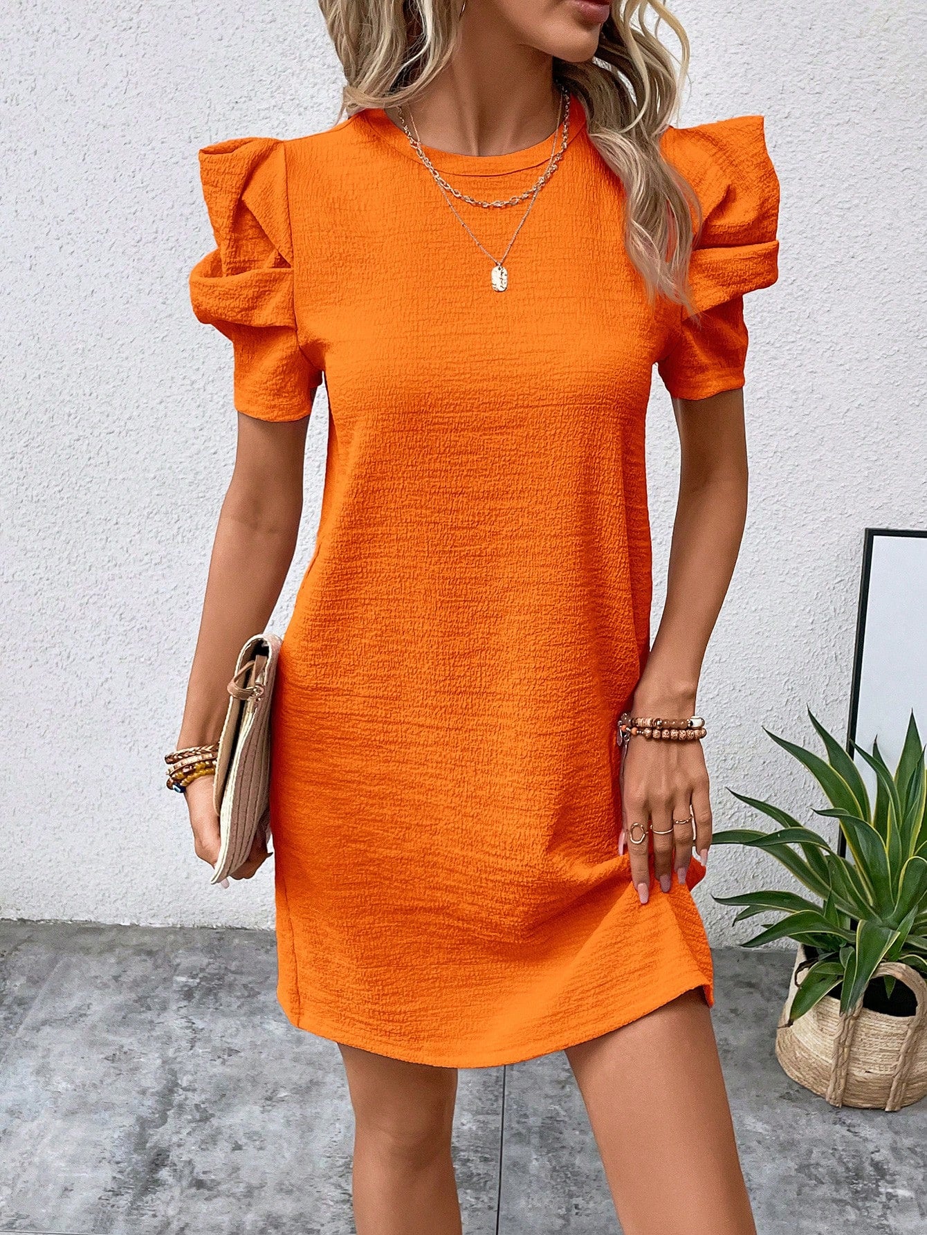 SHEIN Clasi Solid Puff Sleeve Tunic Dress