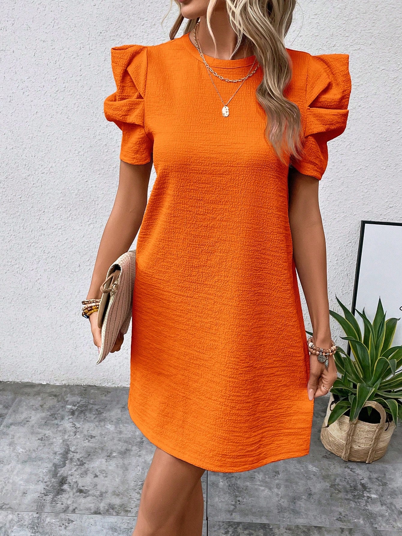 SHEIN Clasi Solid Puff Sleeve Tunic Dress