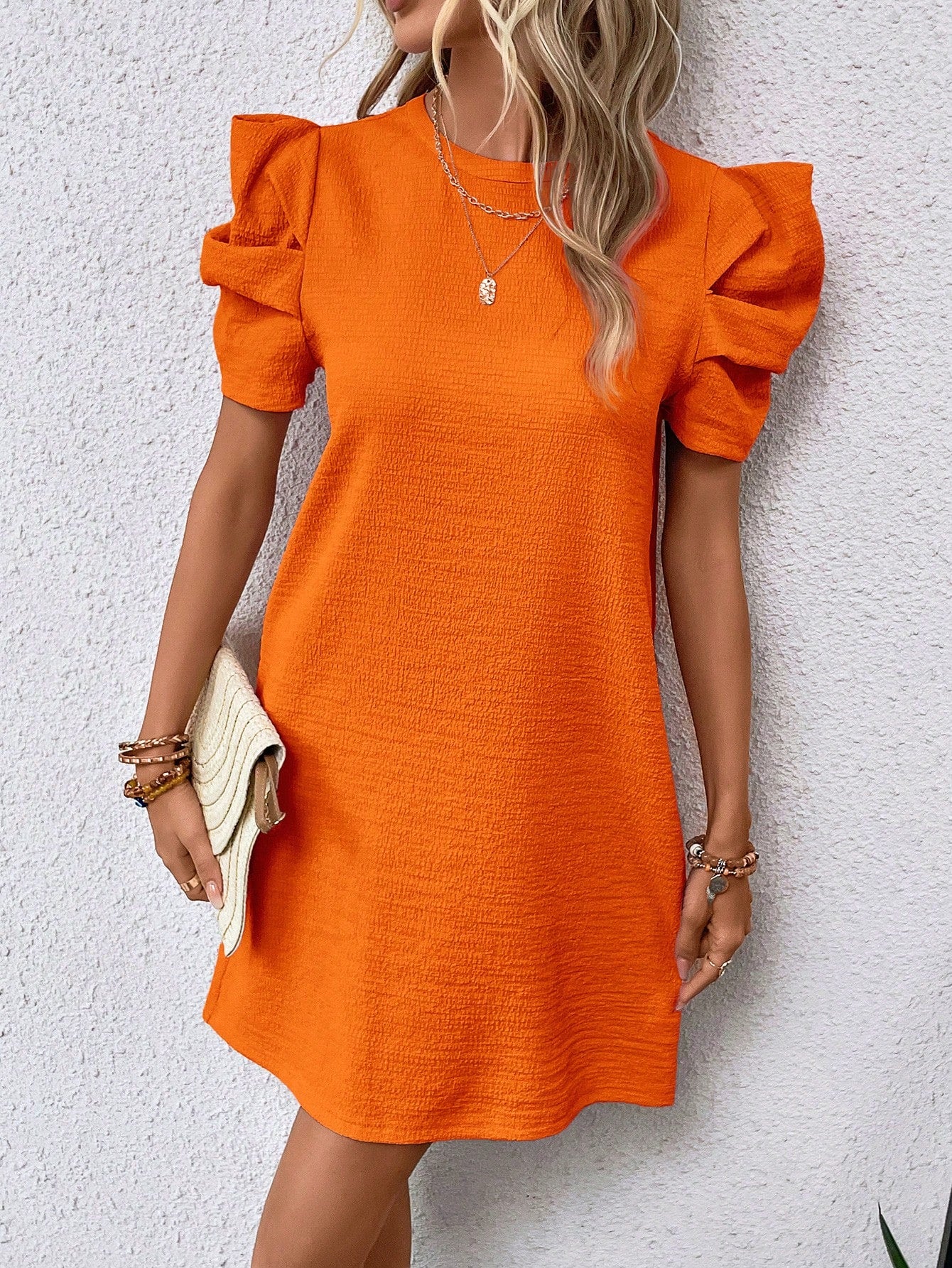 SHEIN Clasi Solid Puff Sleeve Tunic Dress