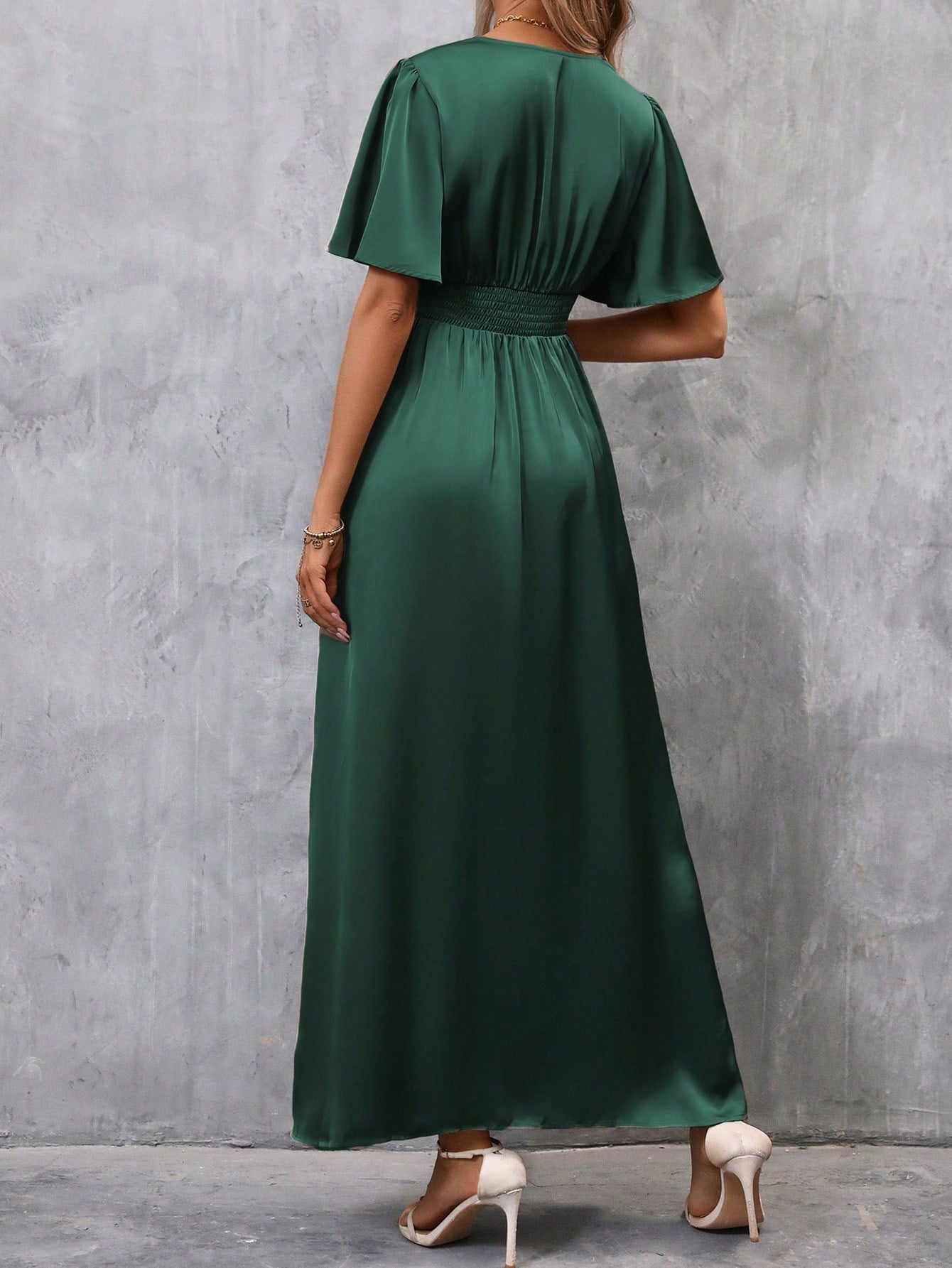 Clasi Plunging Neck Butterfly Sleeve Split Thigh Satin Dress Maxi Women Outfit