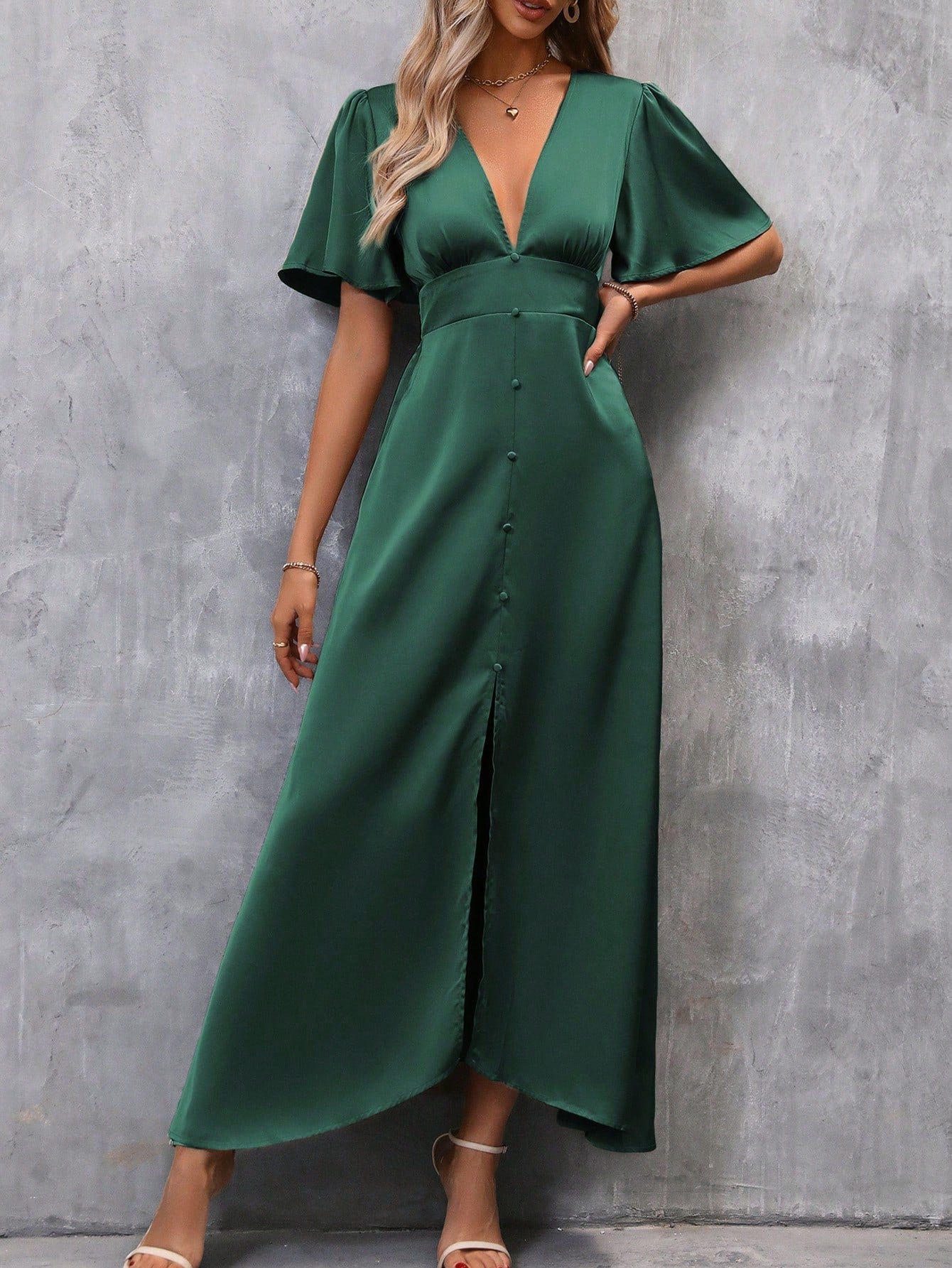 Clasi Plunging Neck Butterfly Sleeve Split Thigh Satin Dress Maxi Women Outfit