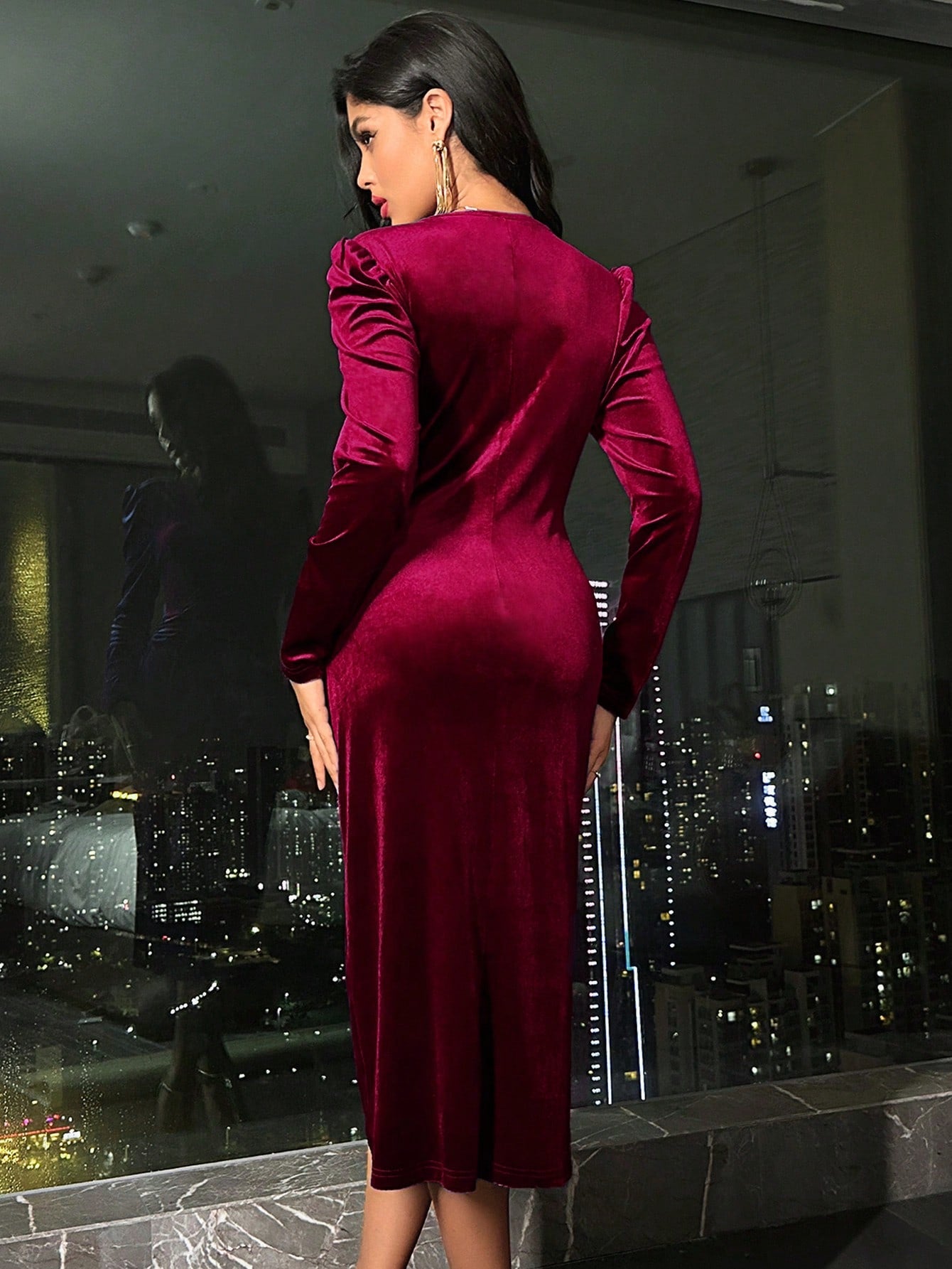 Velvet Cross Wrap Dress Burgundy Maxi Women Outfit