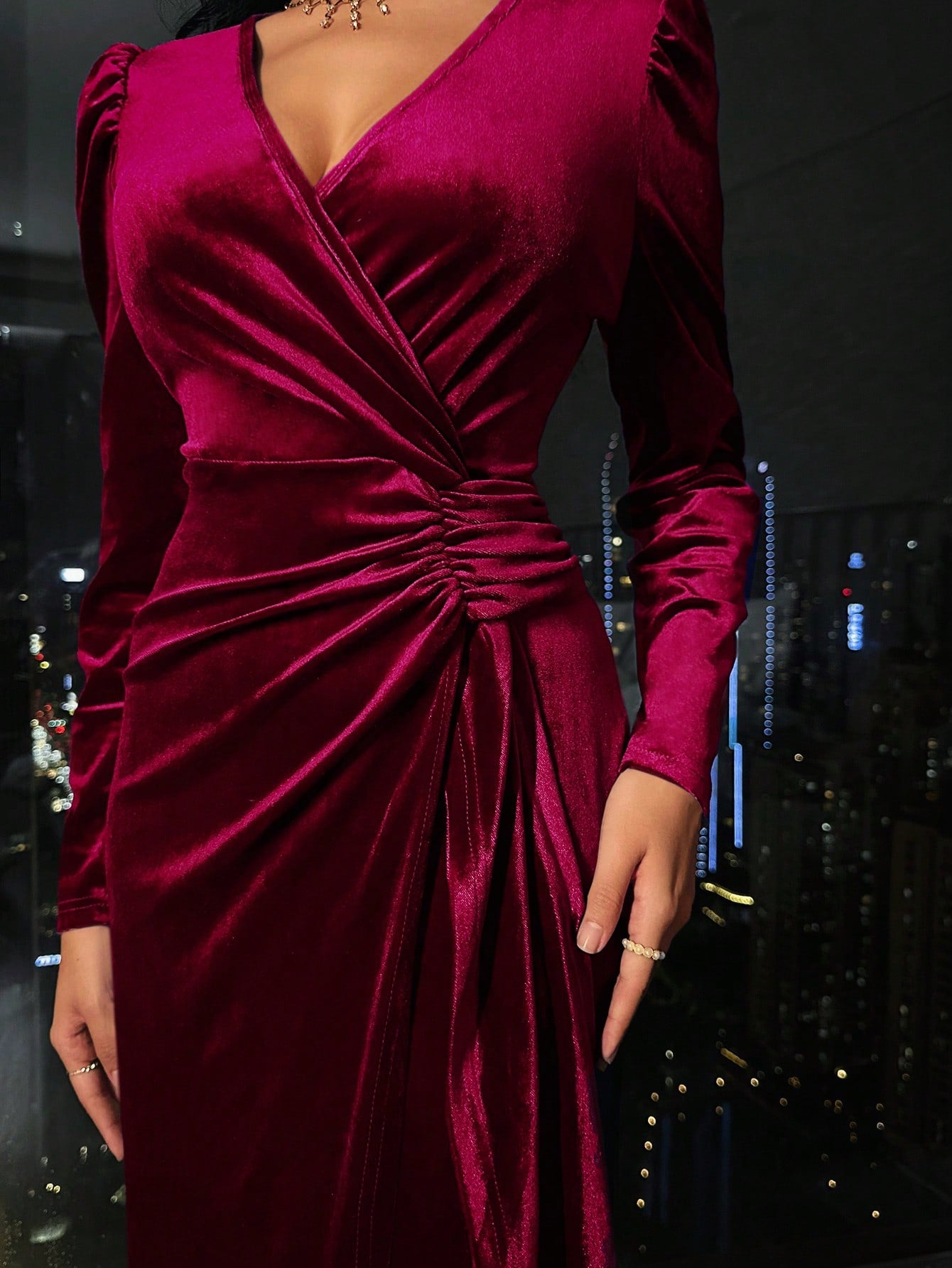 Velvet Cross Wrap Dress Burgundy Maxi Women Outfit