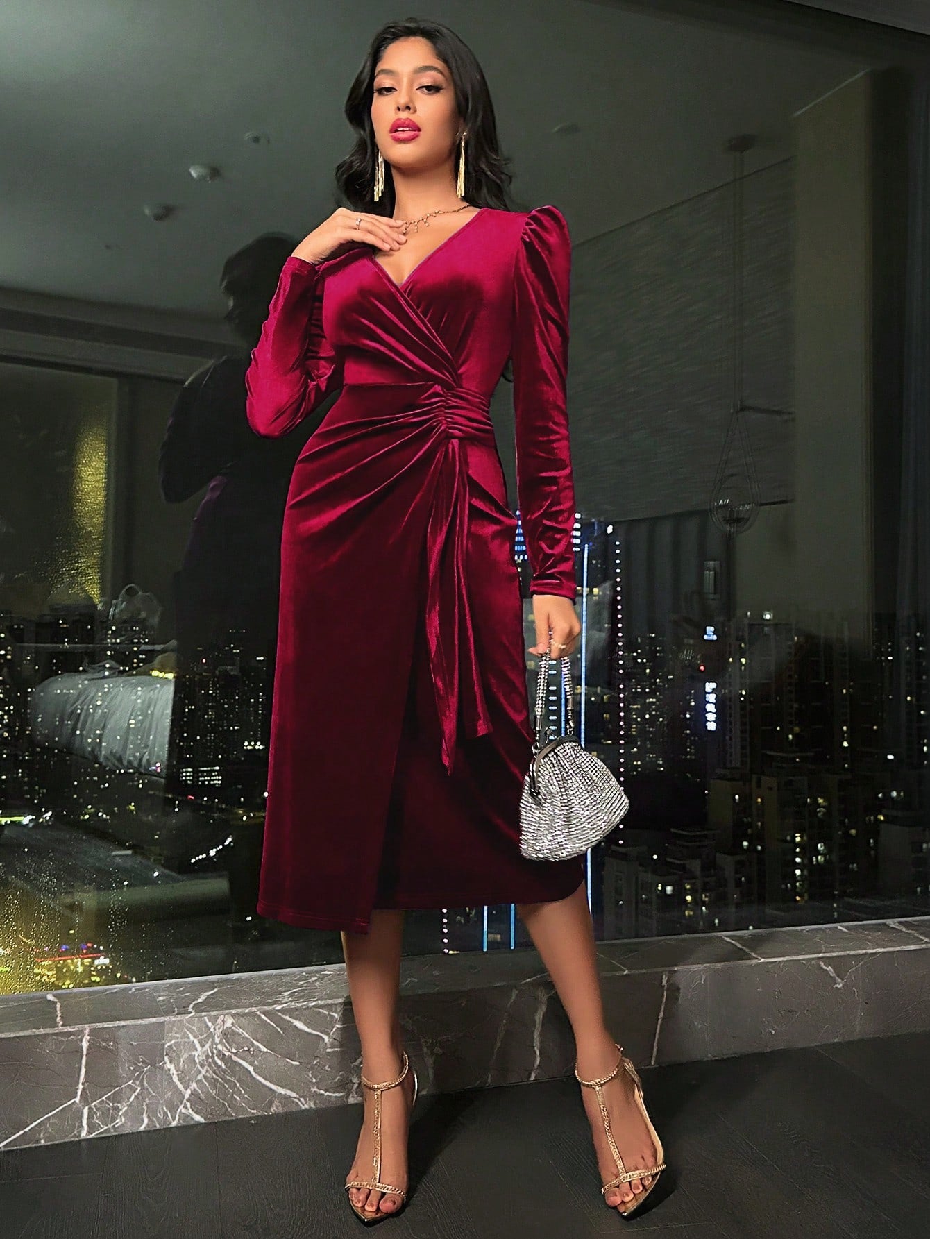Velvet Cross Wrap Dress Burgundy Maxi Women Outfit