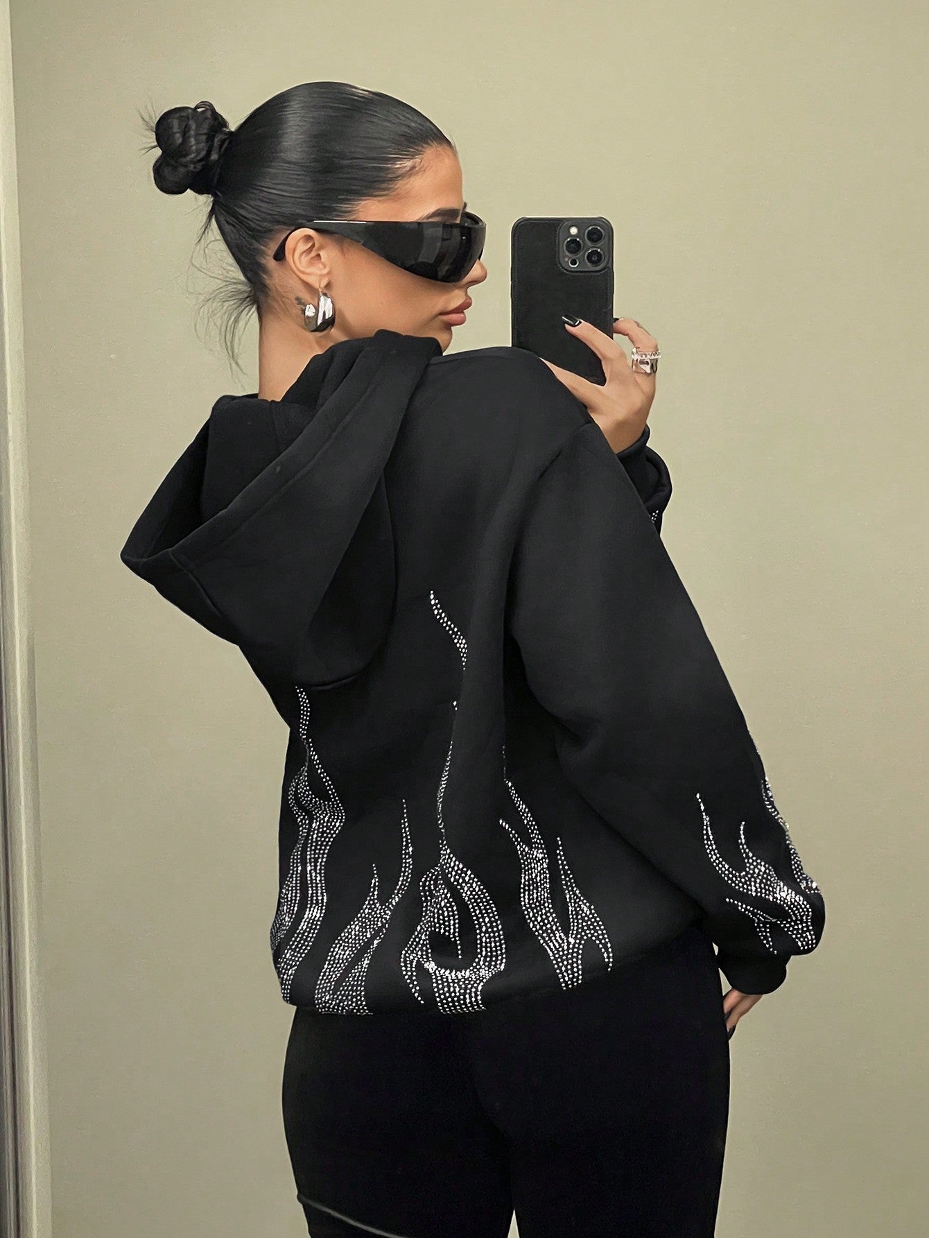 Zip Up Hoodie Spring Black Loose Fit Long Hoodie With Flame Rhinestone Print,Long Sleeve Tops