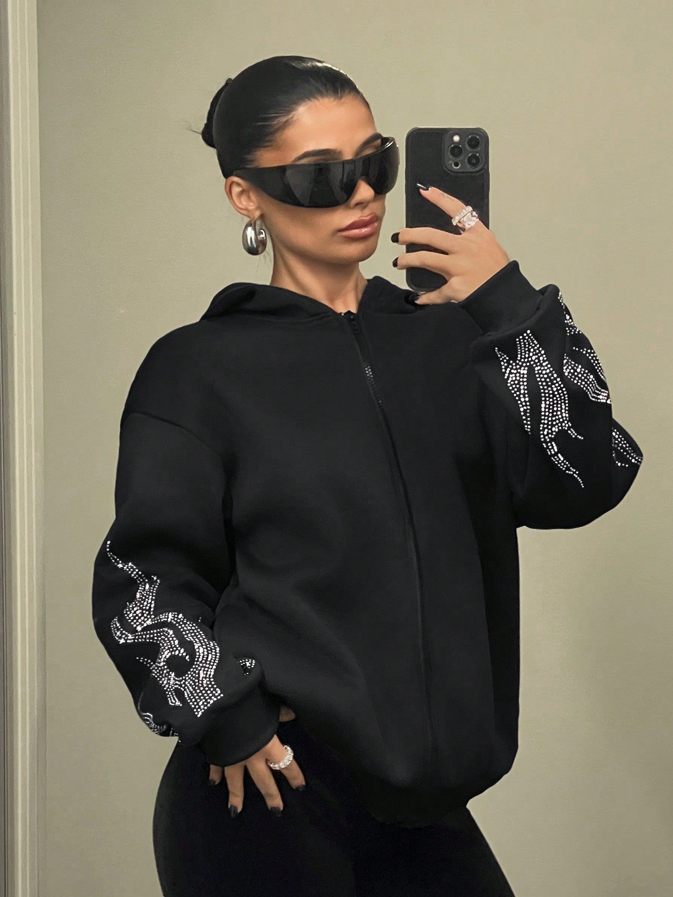 Zip Up Hoodie Spring Black Loose Fit Long Hoodie With Flame Rhinestone Print,Long Sleeve Tops