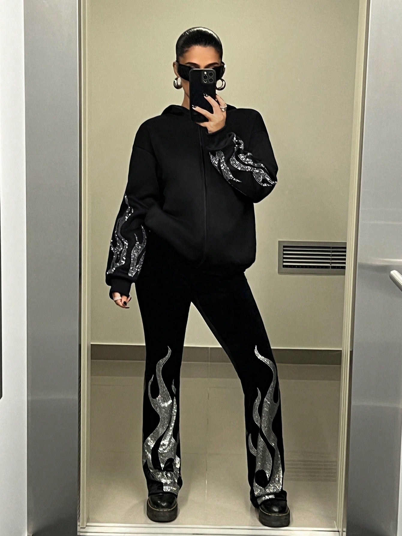 Zip Up Hoodie Spring Black Loose Fit Long Hoodie With Flame Rhinestone Print,Long Sleeve Tops