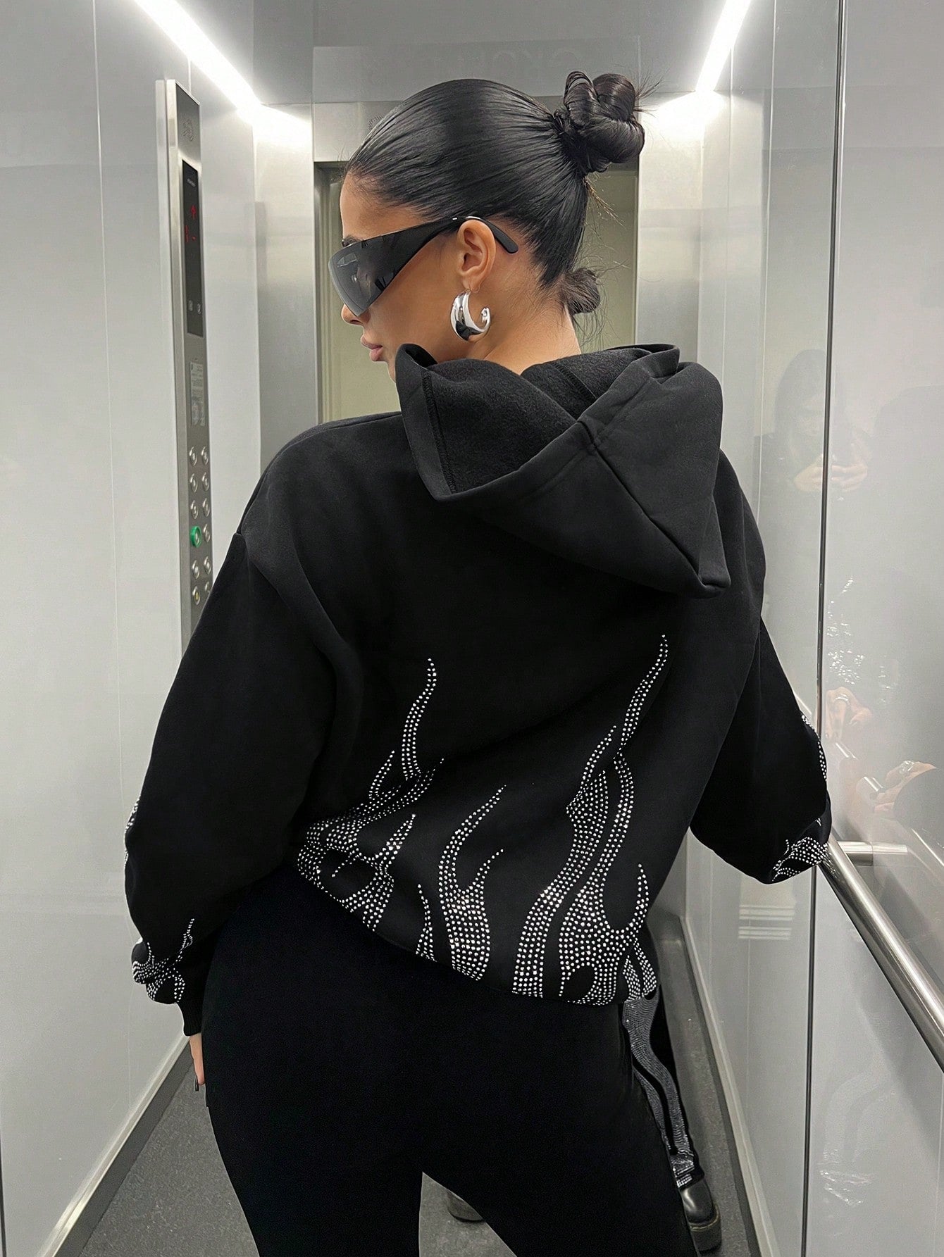 Zip Up Hoodie Spring Black Loose Fit Long Hoodie With Flame Rhinestone Print,Long Sleeve Tops