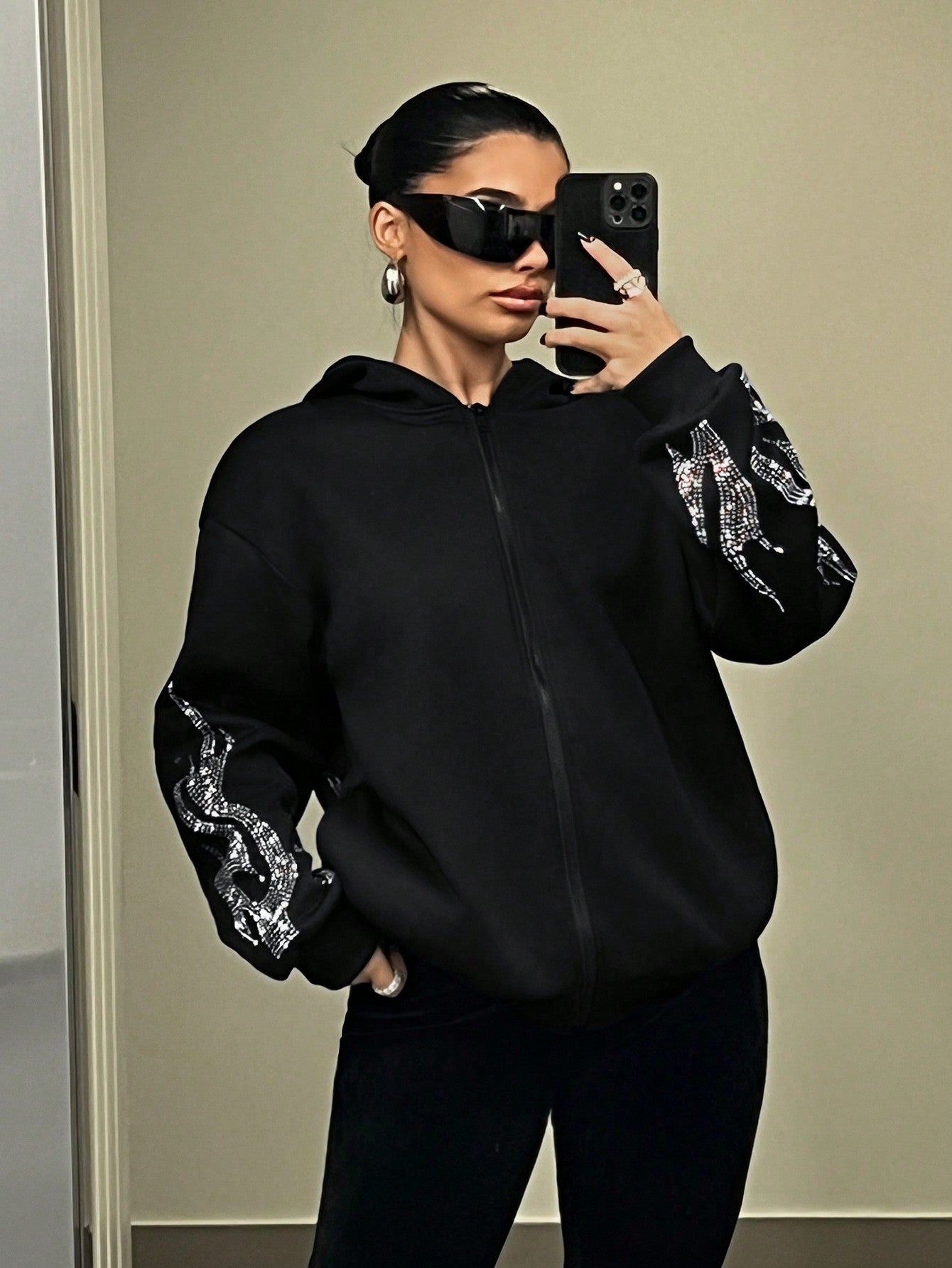Zip Up Hoodie Spring Black Loose Fit Long Hoodie With Flame Rhinestone Print,Long Sleeve Tops