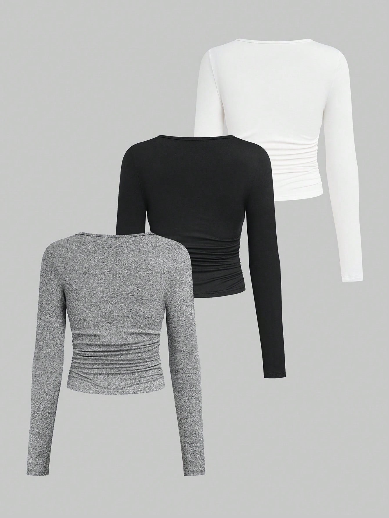 Women's Solid Color Slim Fit Long Sleeve T-shirt With Pleats