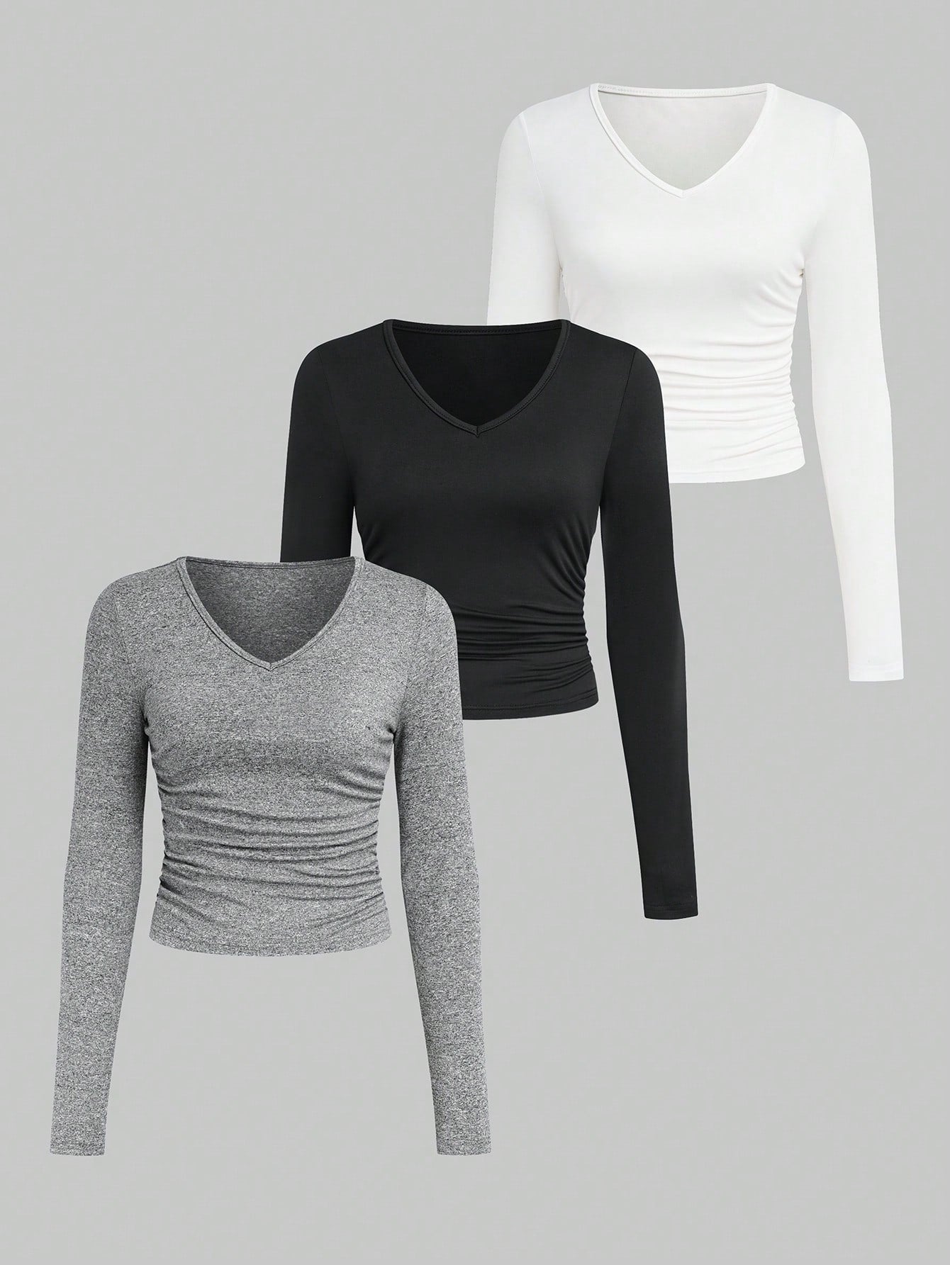 Women's Solid Color Slim Fit Long Sleeve T-shirt With Pleats