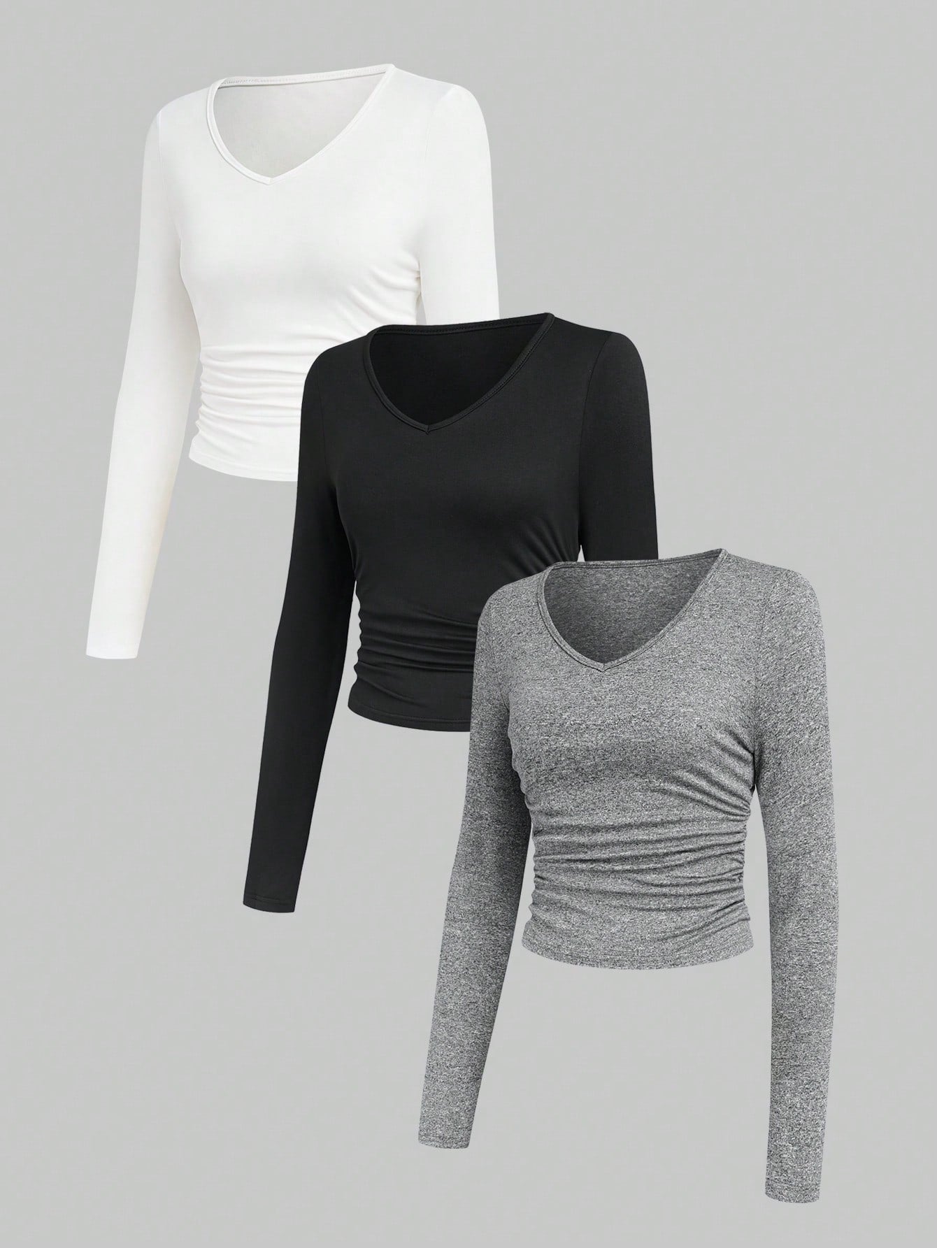 Women's Solid Color Slim Fit Long Sleeve T-shirt With Pleats