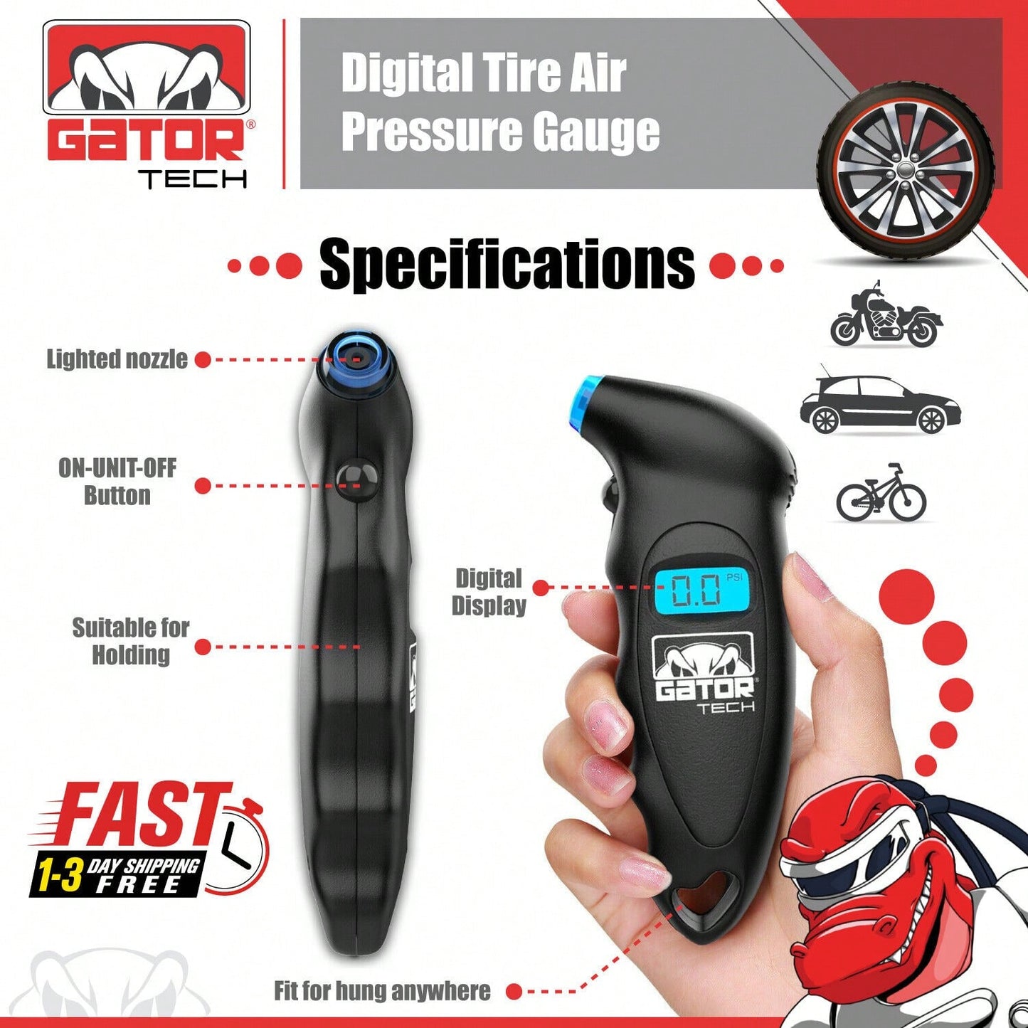 Gator Tech Digital Tire Air Pressure Gauge Meter Tester Bicycle Car Truck Van Motorcycle LCD Display 150 PSI Black Gator Tech