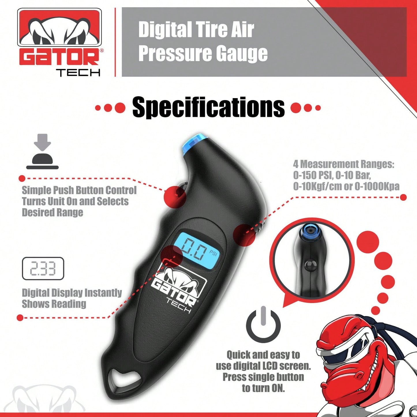 Gator Tech Digital Tire Air Pressure Gauge Meter Tester Bicycle Car Truck Van Motorcycle LCD Display 150 PSI Black Gator Tech