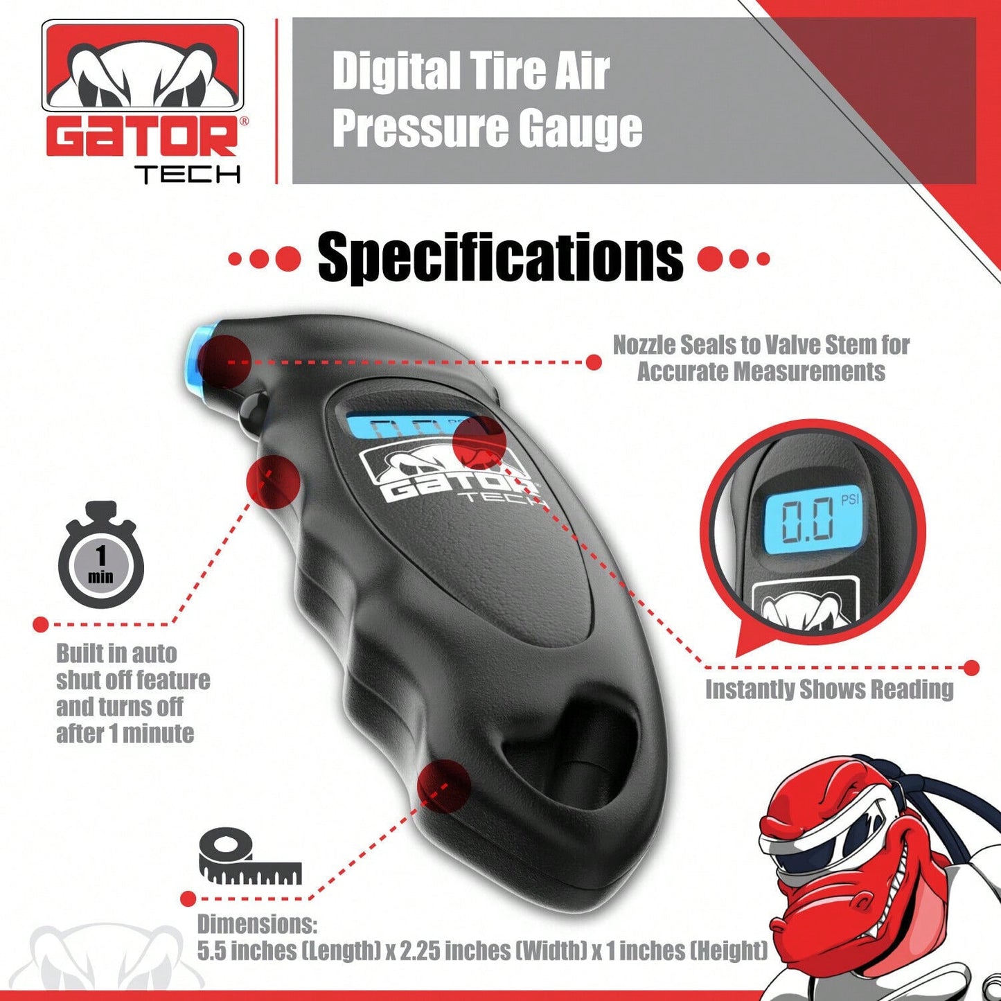 Gator Tech Digital Tire Air Pressure Gauge Meter Tester Bicycle Car Truck Van Motorcycle LCD Display 150 PSI Black Gator Tech