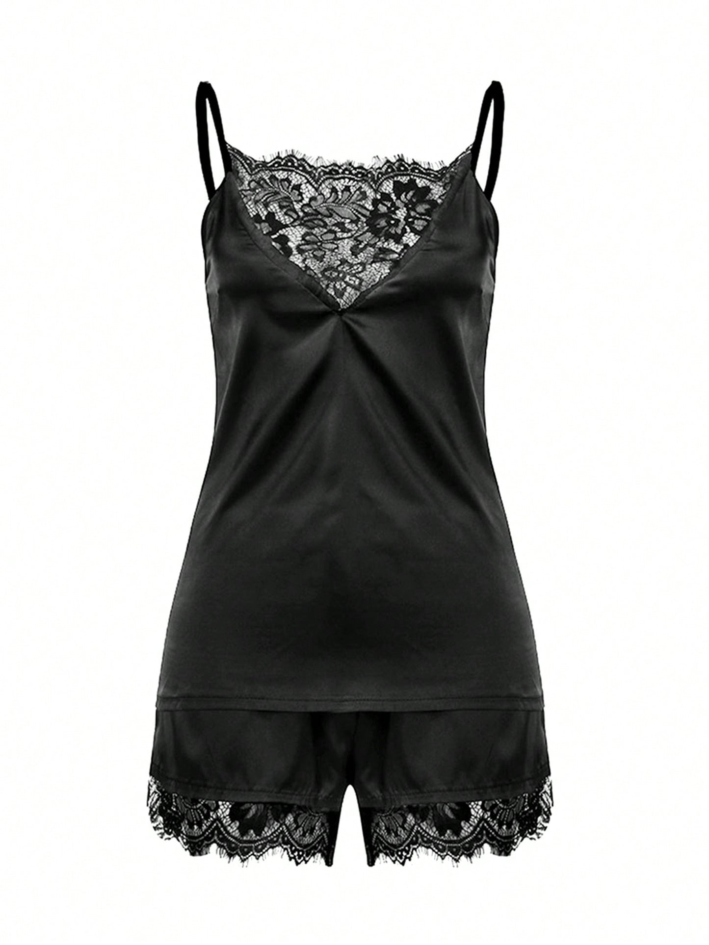 Women Stain Pajamas Set Lace Sexy V Neck Lingerie Sleepwear Cami Shorts Nightwear Set Silk Soft Loungewear Pajamas
