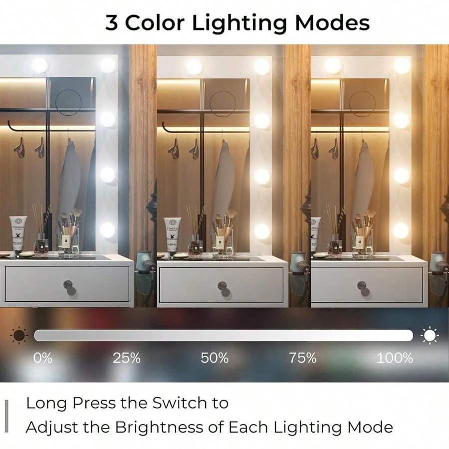 Vanity Desk & Power Outl, Makeup Vanity With Mirror And 12 LED Lights, Makeup Table With 11 Drawers, Vanity Table With Chair,Vanity Set 3 Lighting Modes Brightness Adjustable-(White)