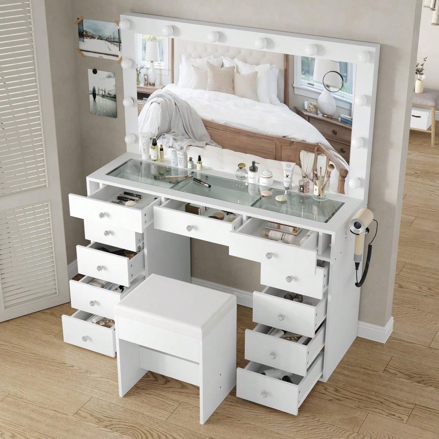 Vanity Desk & Power Outl, Makeup Vanity With Mirror And 12 LED Lights, Makeup Table With 11 Drawers, Vanity Table With Chair,Vanity Set 3 Lighting Modes Brightness Adjustable-(White)