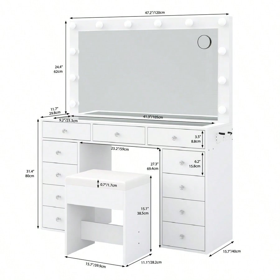 Vanity Desk & Power Outl, Makeup Vanity With Mirror And 12 LED Lights, Makeup Table With 11 Drawers, Vanity Table With Chair,Vanity Set 3 Lighting Modes Brightness Adjustable-(White)