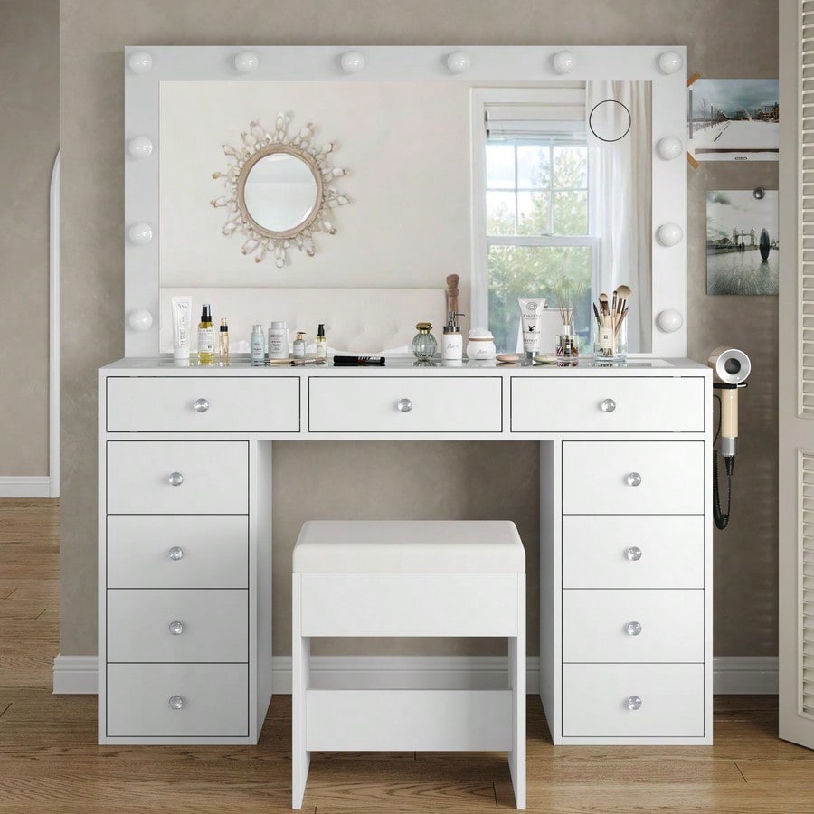 Vanity Desk & Power Outl, Makeup Vanity With Mirror And 12 LED Lights, Makeup Table With 11 Drawers, Vanity Table With Chair,Vanity Set 3 Lighting Modes Brightness Adjustable-(White)