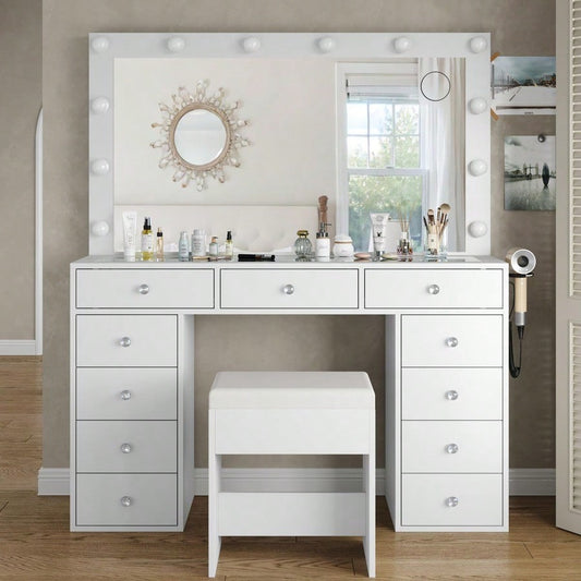 Vanity Desk & Power Outl, Makeup Vanity With Mirror And 12 LED Lights, Makeup Table With 11 Drawers, Vanity Table With Chair,Vanity Set 3 Lighting Modes Brightness Adjustable-(White)