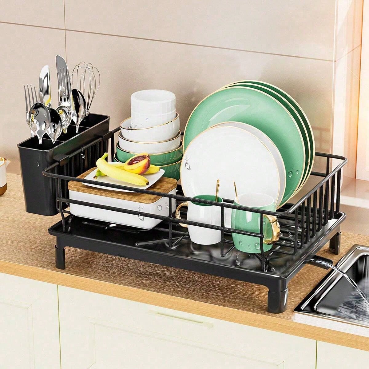1pc Dish Drying Rack With Utensil Holder And Drainboard , Space Saving Dish Rack, Dish Racks For Kitchen Counter, Kitchen Drainer With A Cutlery Holder
