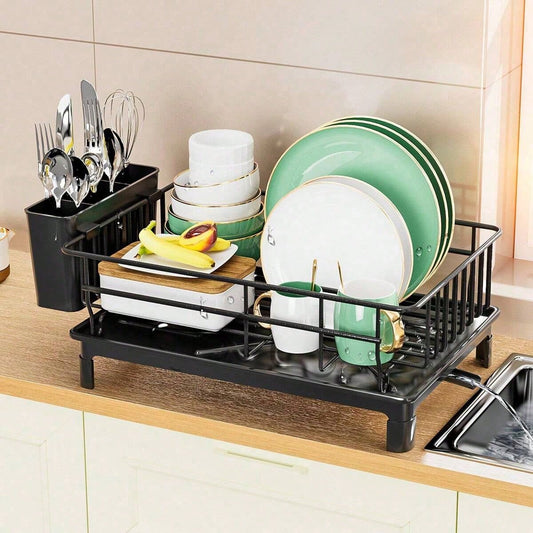 1pc Dish Drying Rack With Utensil Holder And Drainboard , Space Saving Dish Rack, Dish Racks For Kitchen Counter, Kitchen Drainer With A Cutlery Holder