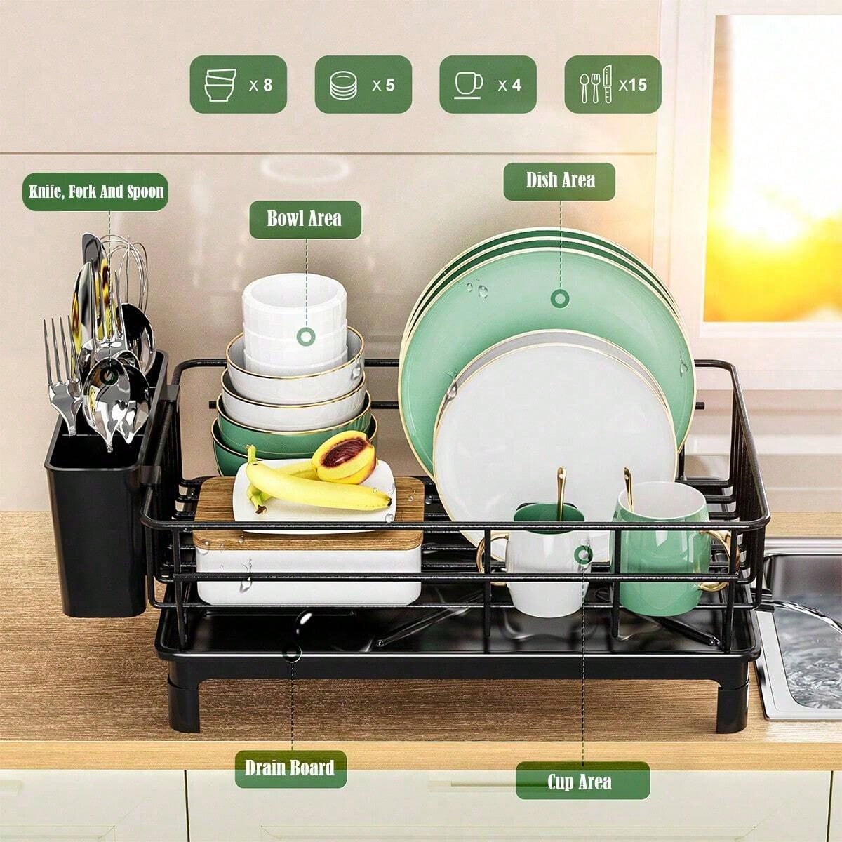 1pc Dish Drying Rack With Utensil Holder And Drainboard , Space Saving Dish Rack, Dish Racks For Kitchen Counter, Kitchen Drainer With A Cutlery Holder