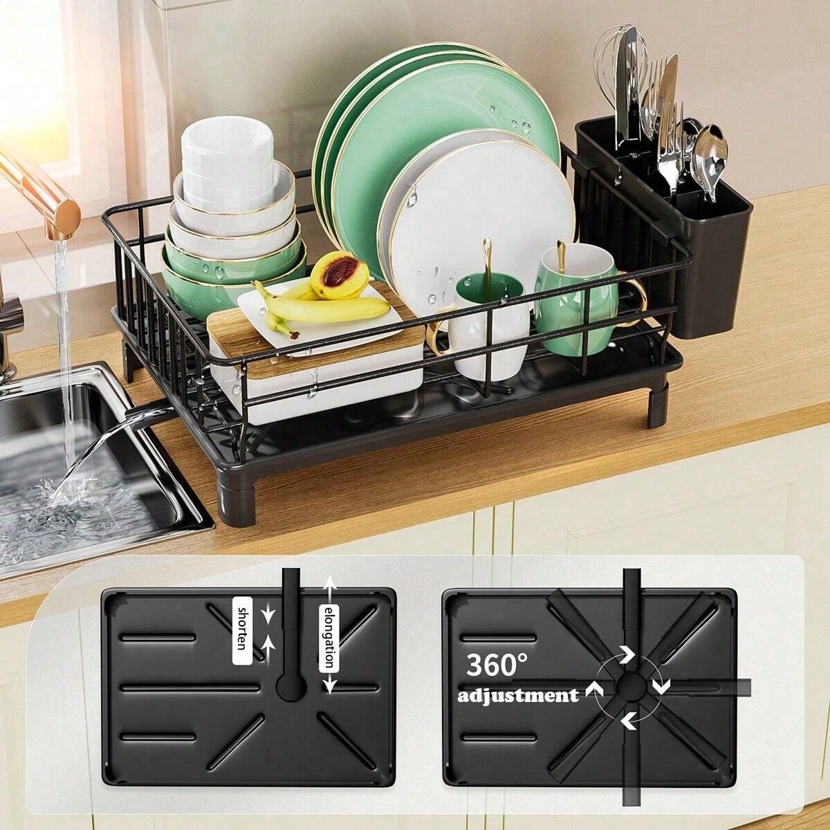 1pc Dish Drying Rack With Utensil Holder And Drainboard , Space Saving Dish Rack, Dish Racks For Kitchen Counter, Kitchen Drainer With A Cutlery Holder