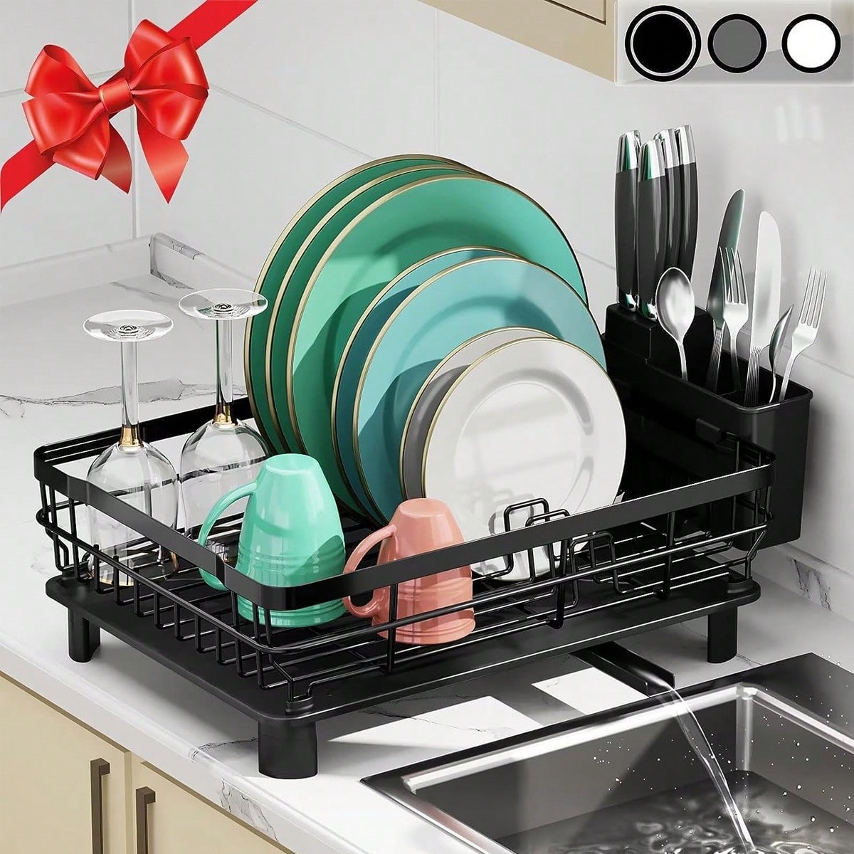 1pc Dish Drying Rack With Utensil Holder And Drainboard , Space Saving Dish Rack, Dish Racks For Kitchen Counter, Kitchen Drainer With A Cutlery Holder